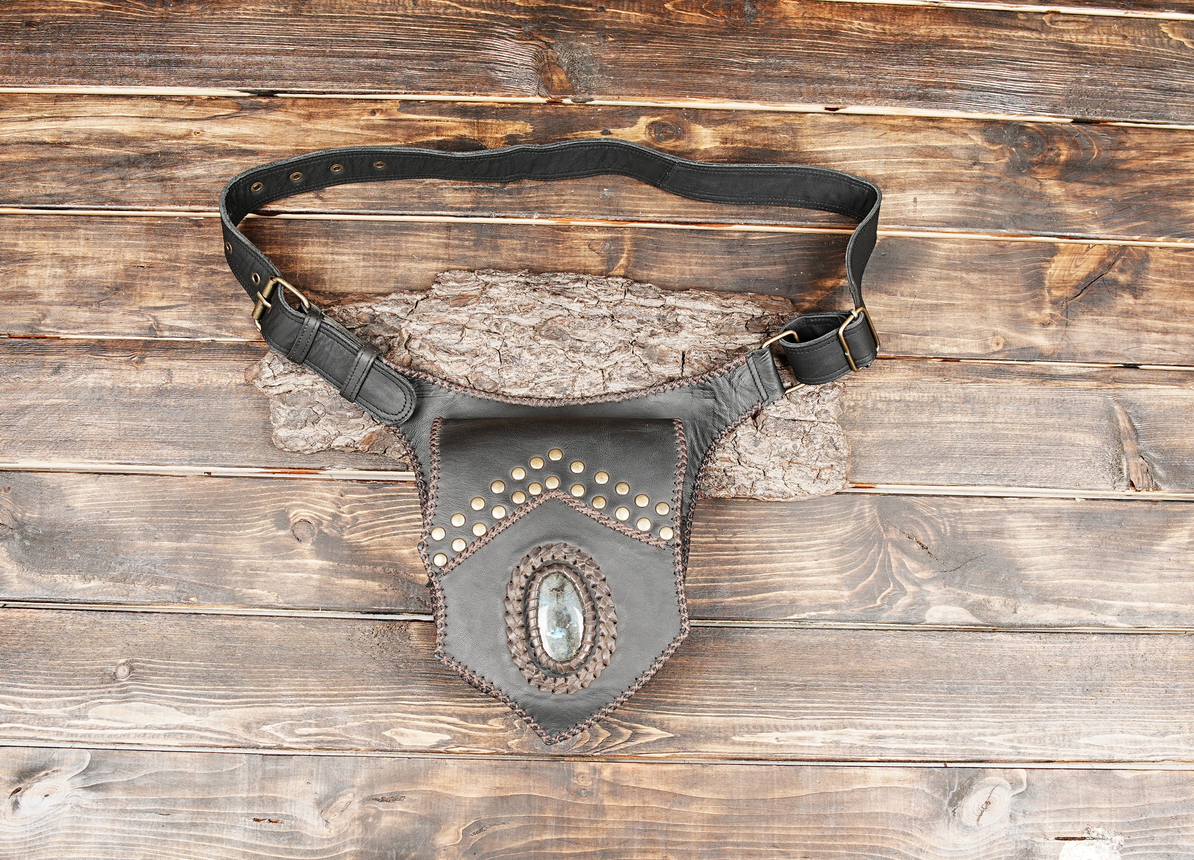 Handmade leather belt bag with gemstone inlay and brass studs