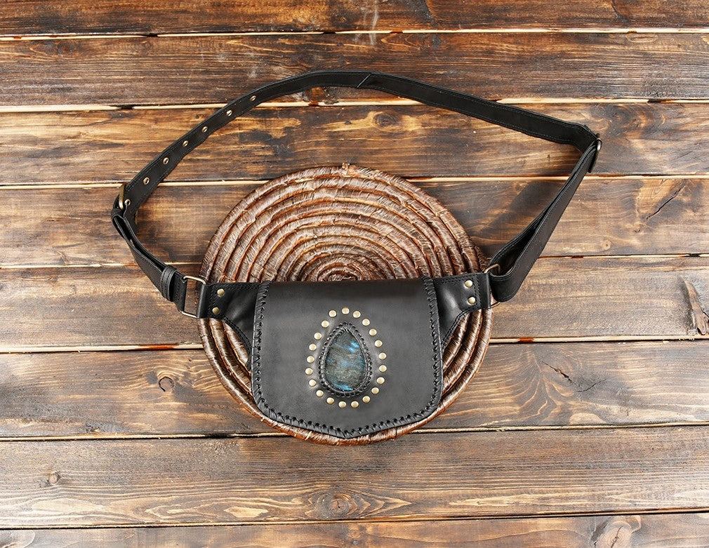 Handmade black leather waist belt with labradorite gemstone