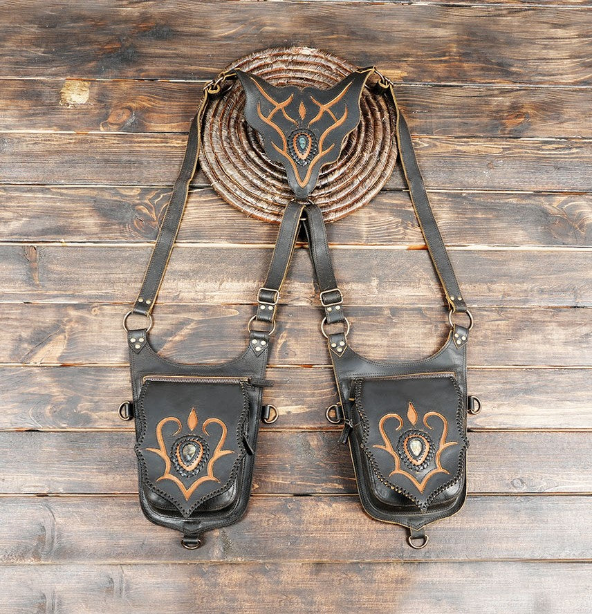 Handmade leather holster belt with dual pouch and gemstone design