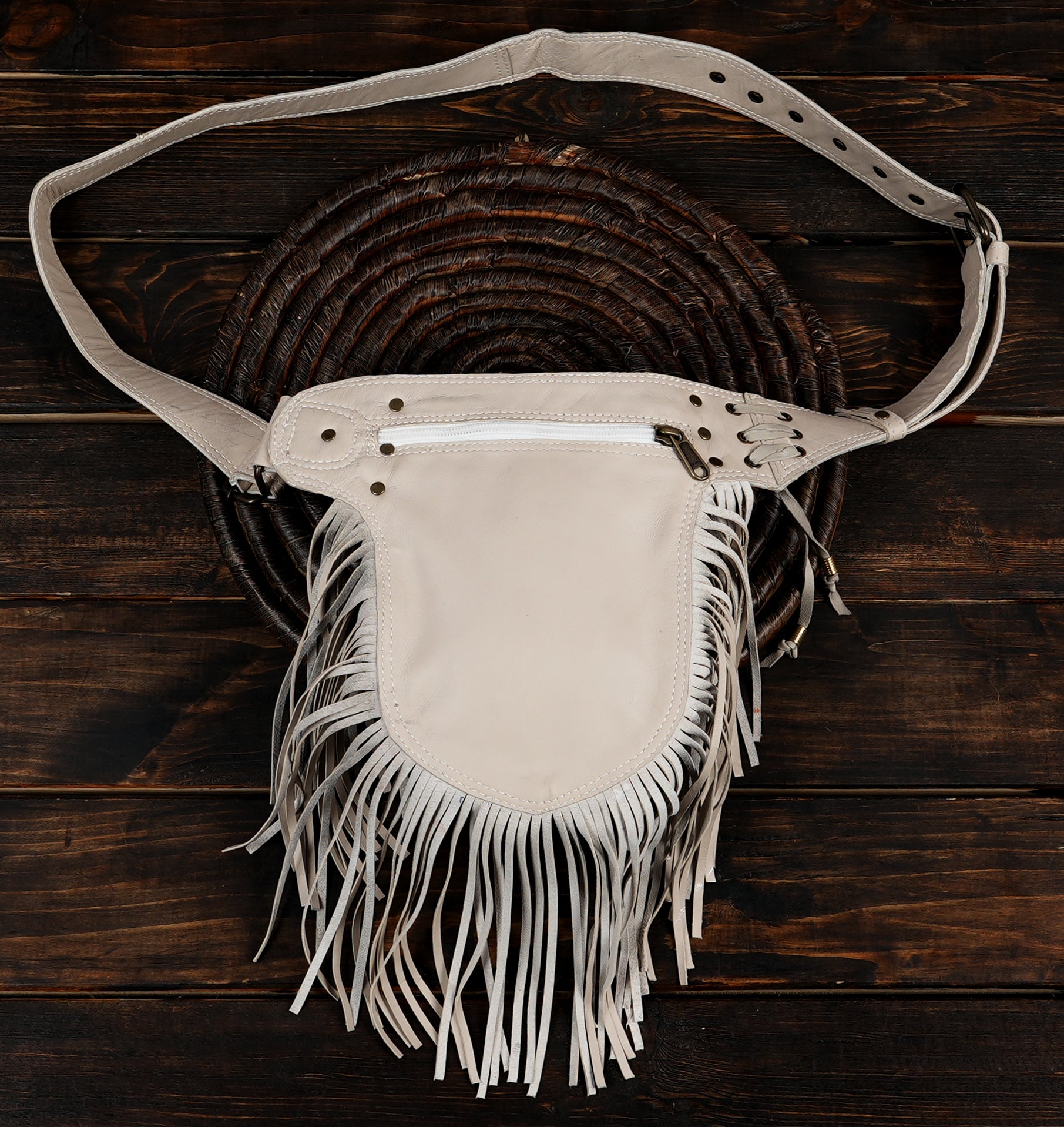 Handmade Leather Festival Fanny Pack: Gemstone Fringe Hip Bag  back side zipper 