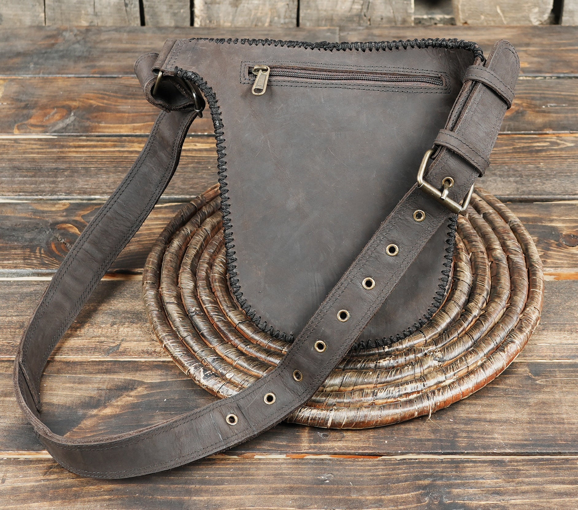 Steampunk leather hip pouch with bronze tone hardware and rings