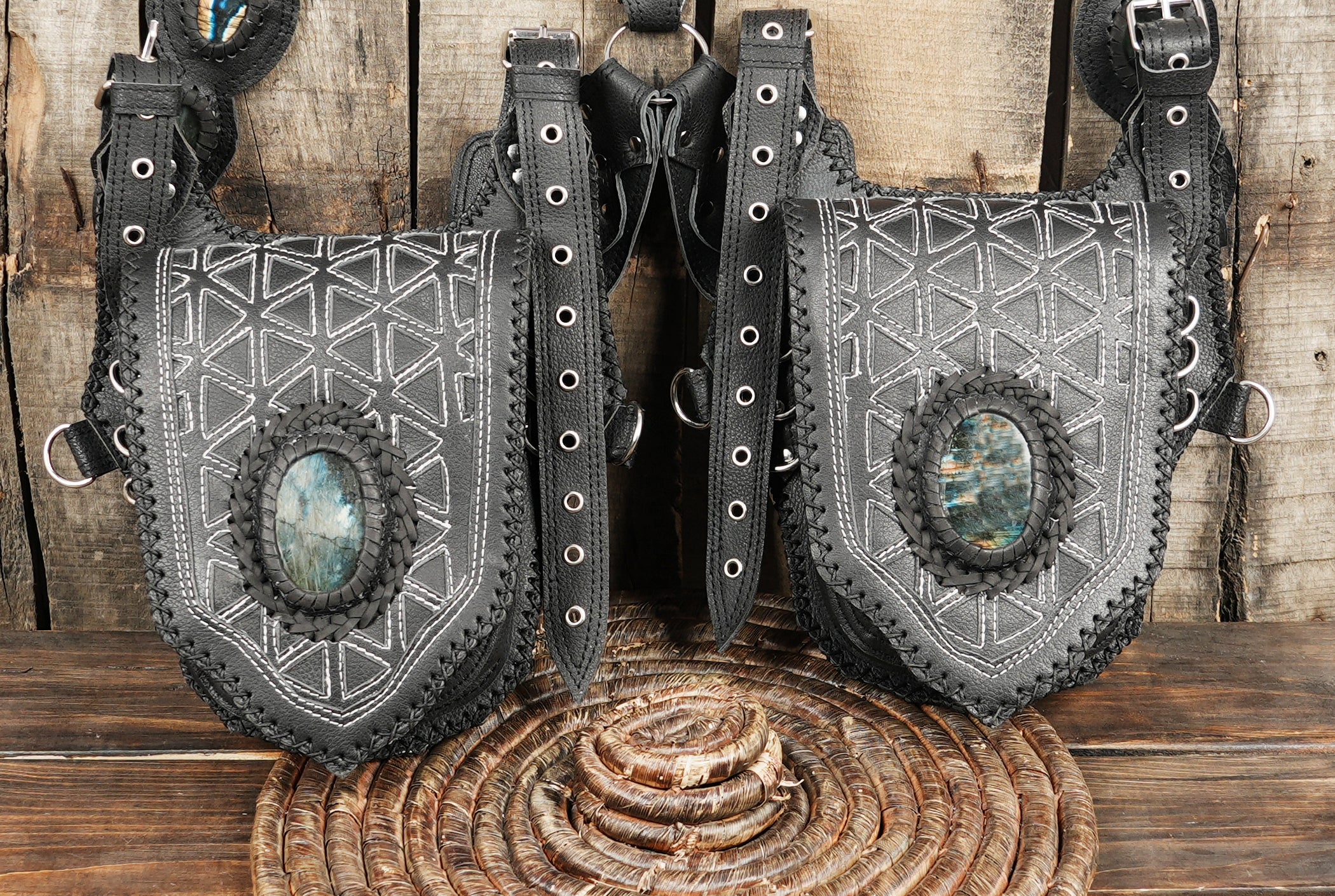 Tactical fantasy cosplay holster with crystal-like stone details and buckles