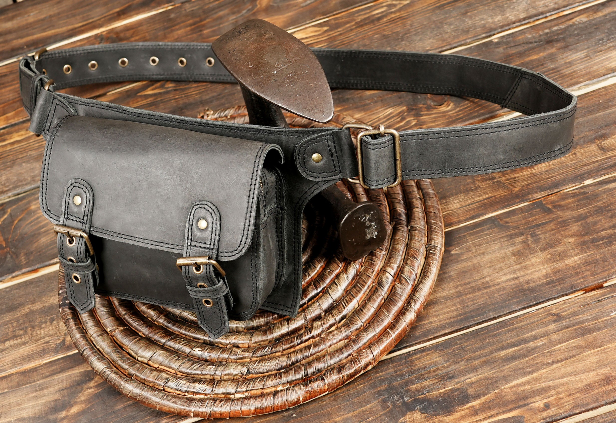 Handmade black leather utility waist bag for festivals or travel