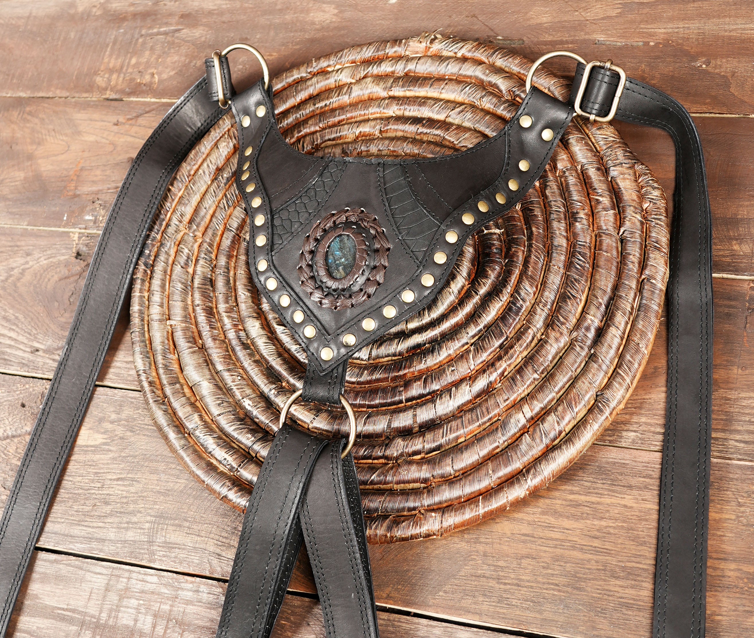 Handcrafted Leather Holster Bag – Dual Pouch, Adjustable Straps, Unisex with gemstone 