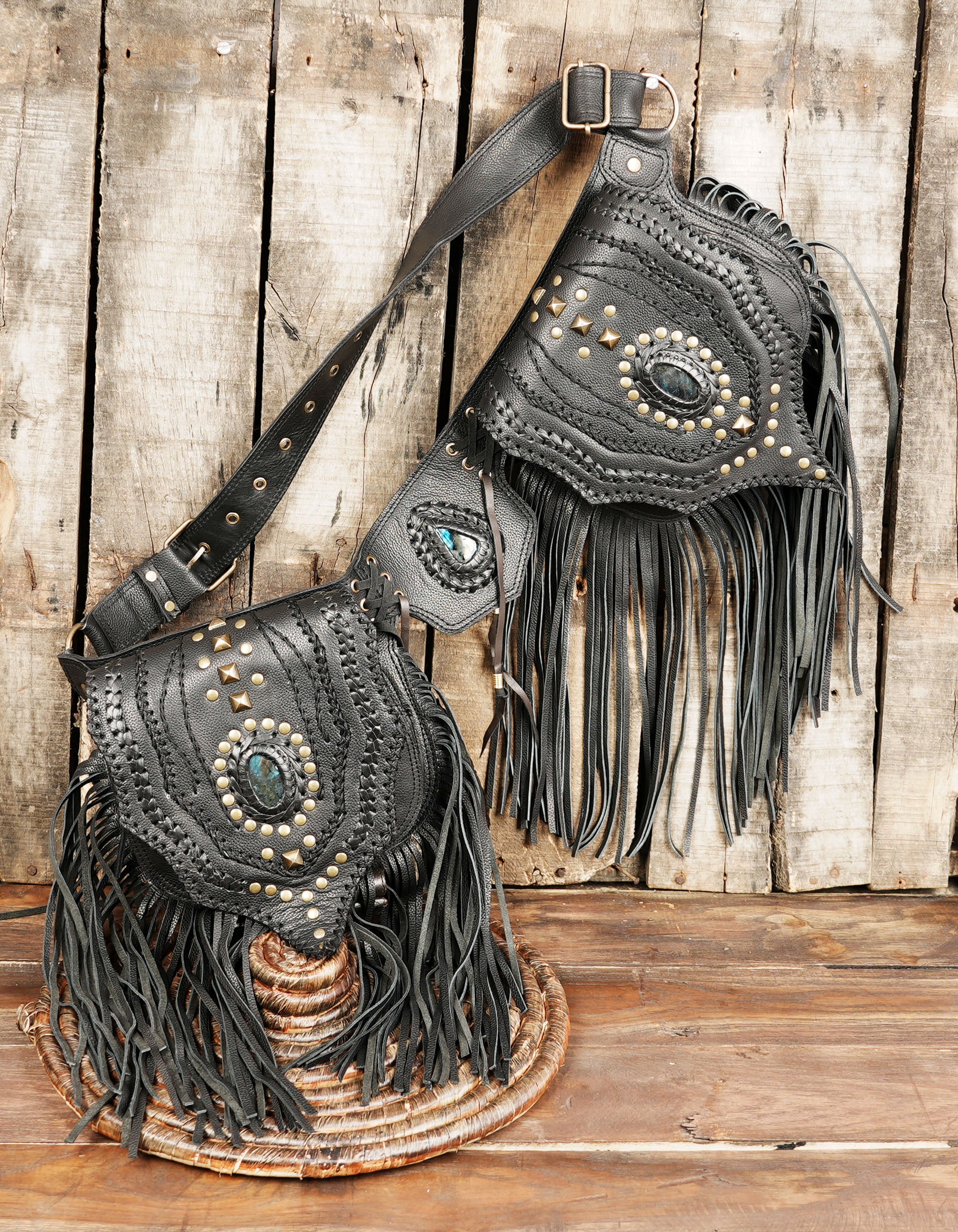 Adjustable tribal leather belt bag with gemstone centerpiece