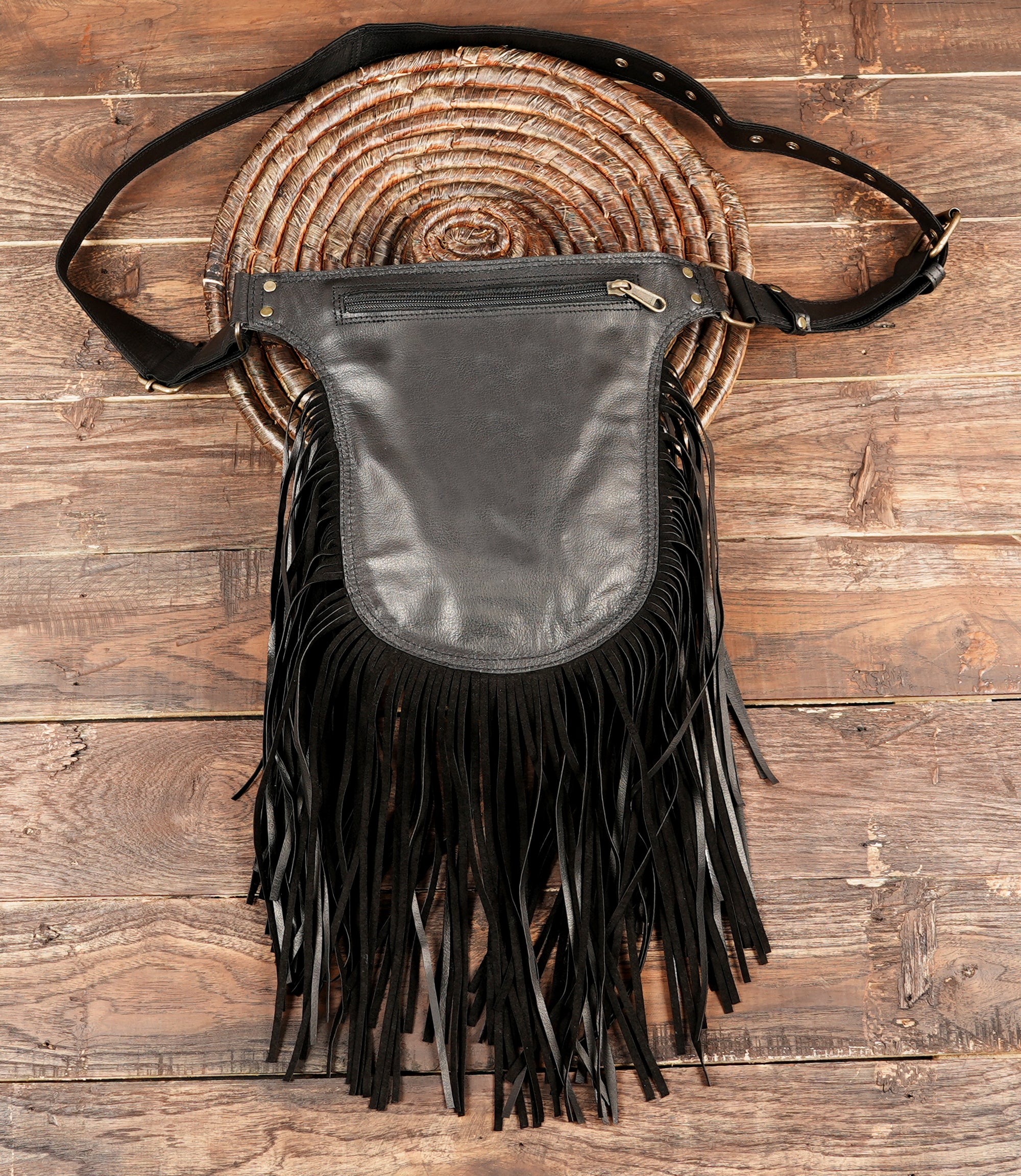 boho chic black leather belt pouch with tassels
