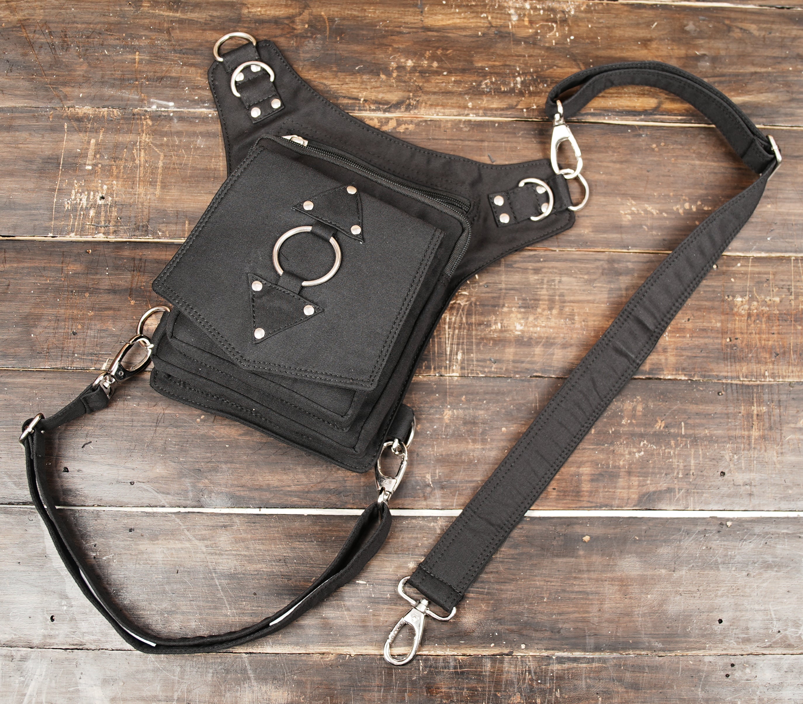 Durable cotton waist and thigh bag with gothic style hardware