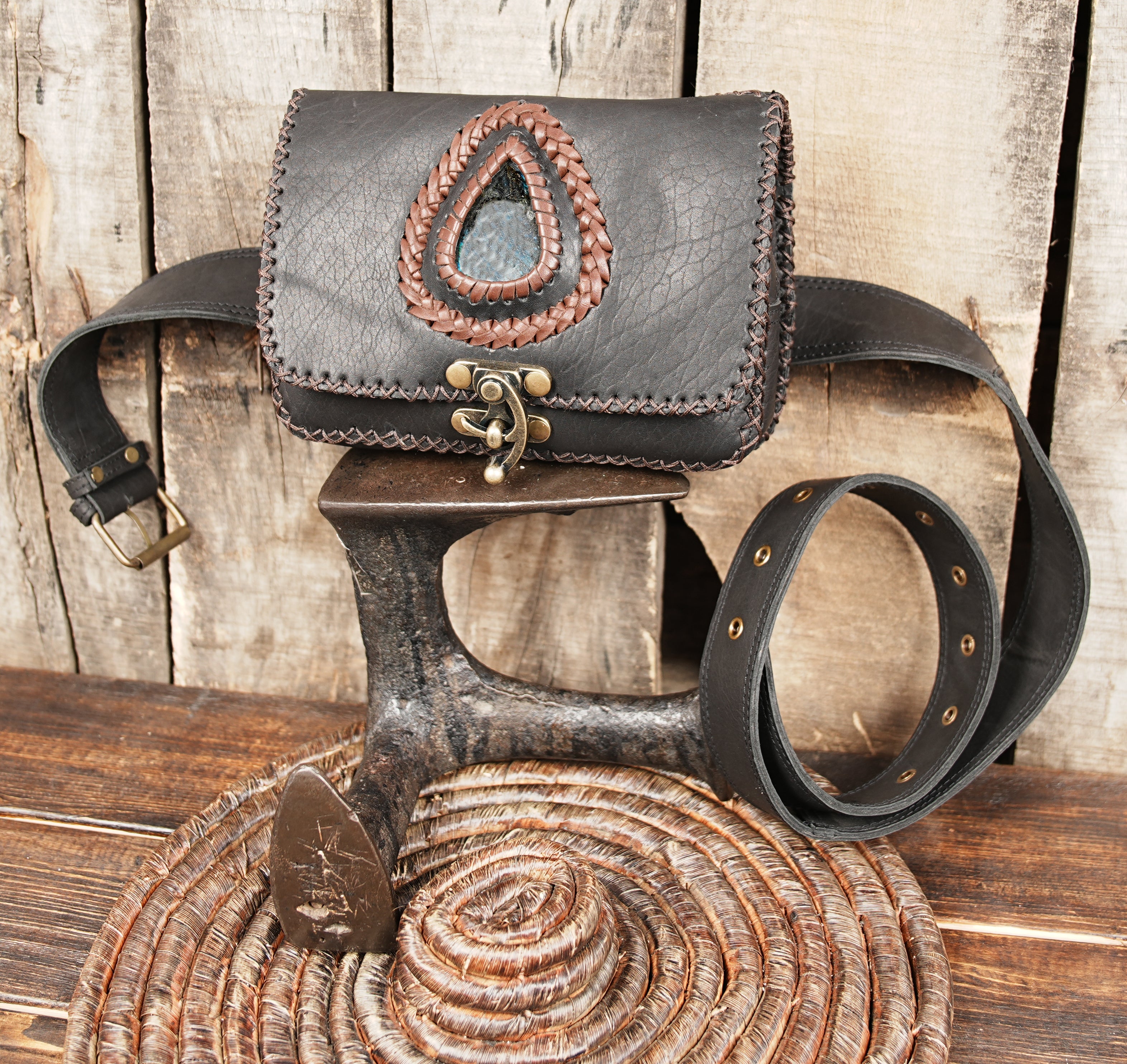 Handmade Leather Belt With Detachable Bag: Dark Boho Festival Style WITH METAL LOCK 