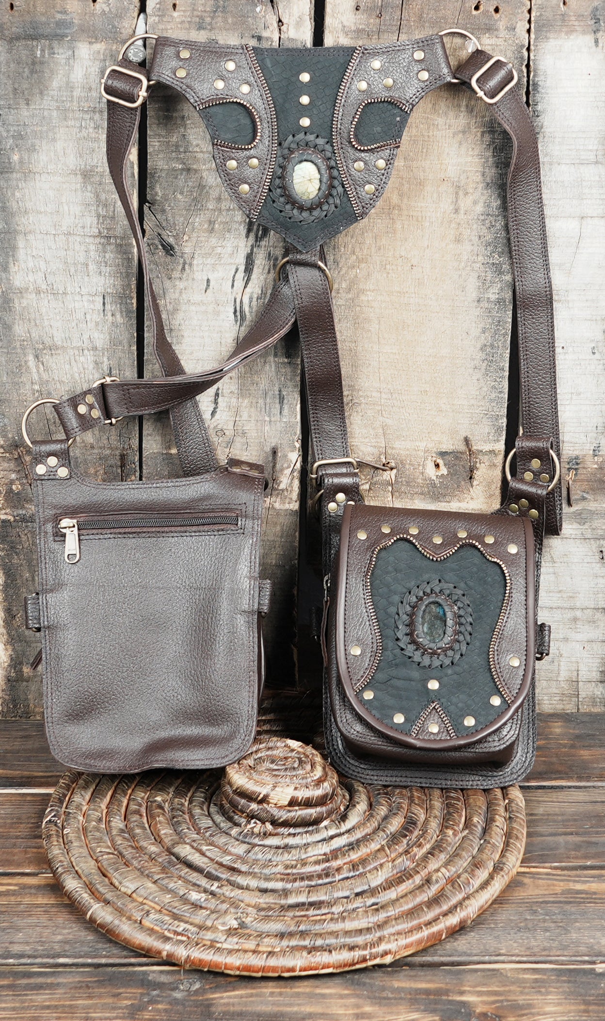 Adjustable tactical fashion holster with decorative stitching and brass studs