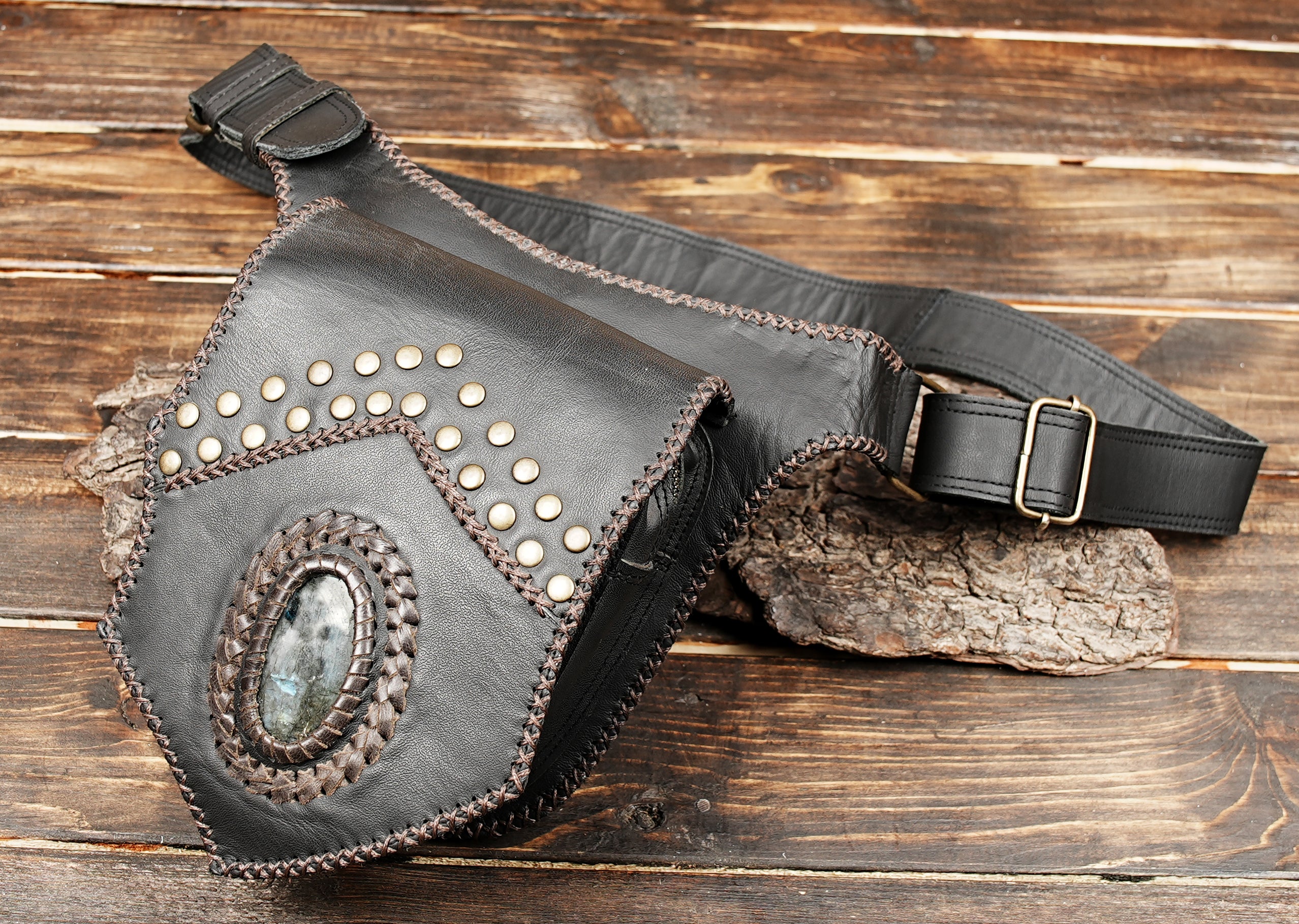 Unisex leather belt pouch with gemstone and vintage finish