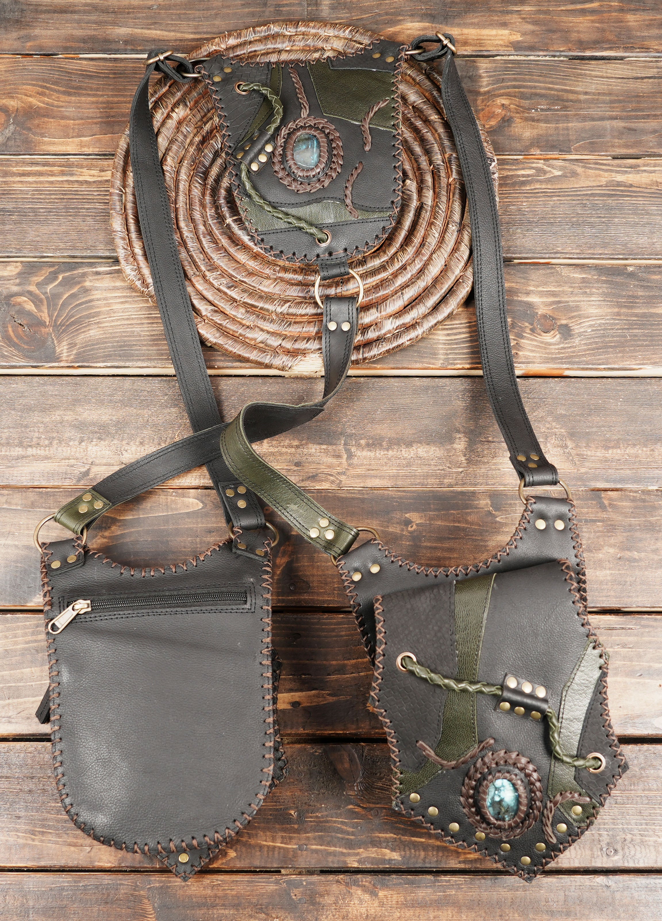 Festival leather hip holster for men, featuring gemstone patch and rustic design.