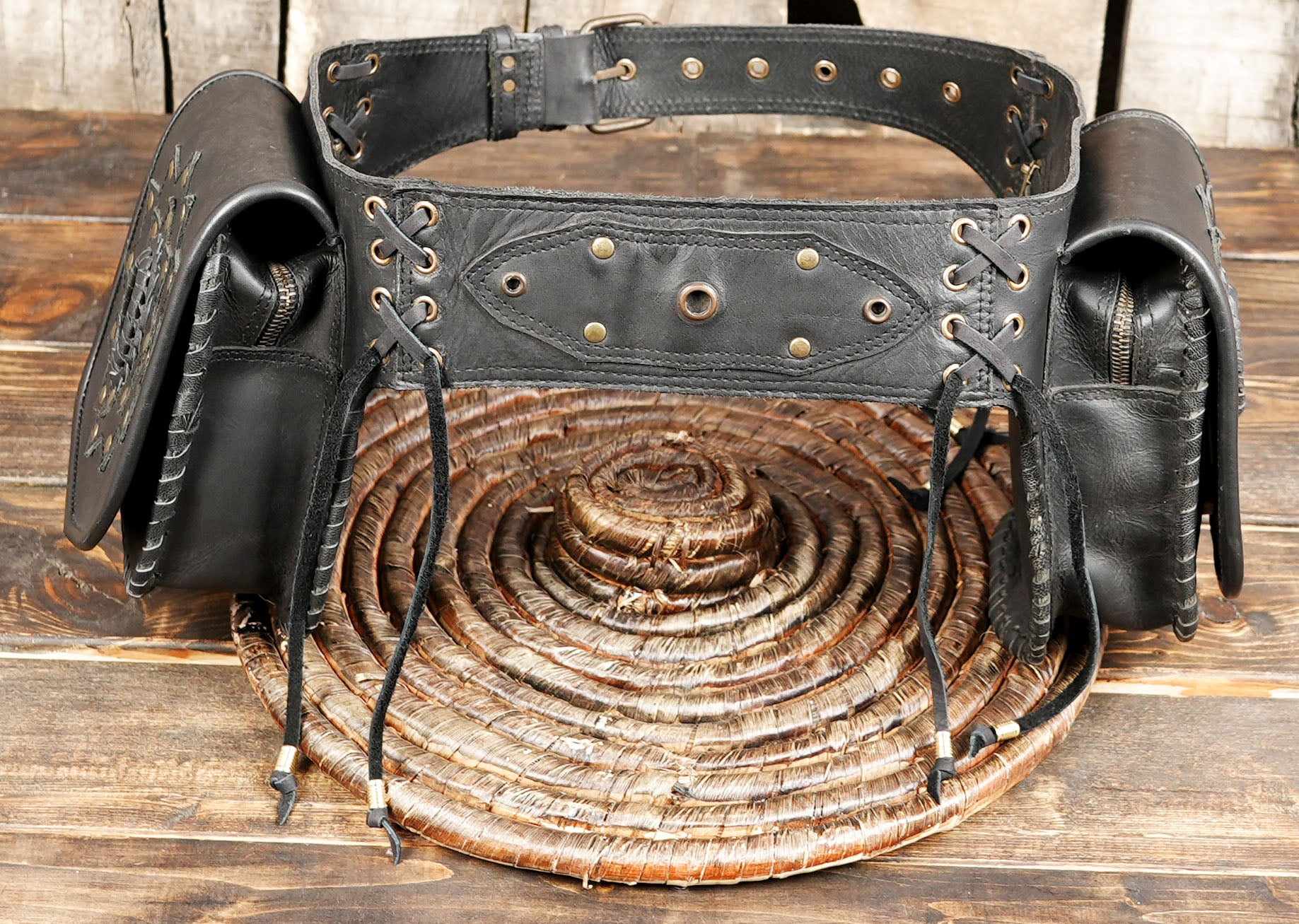 Handmade Black Leather Waist Bag With Tassels