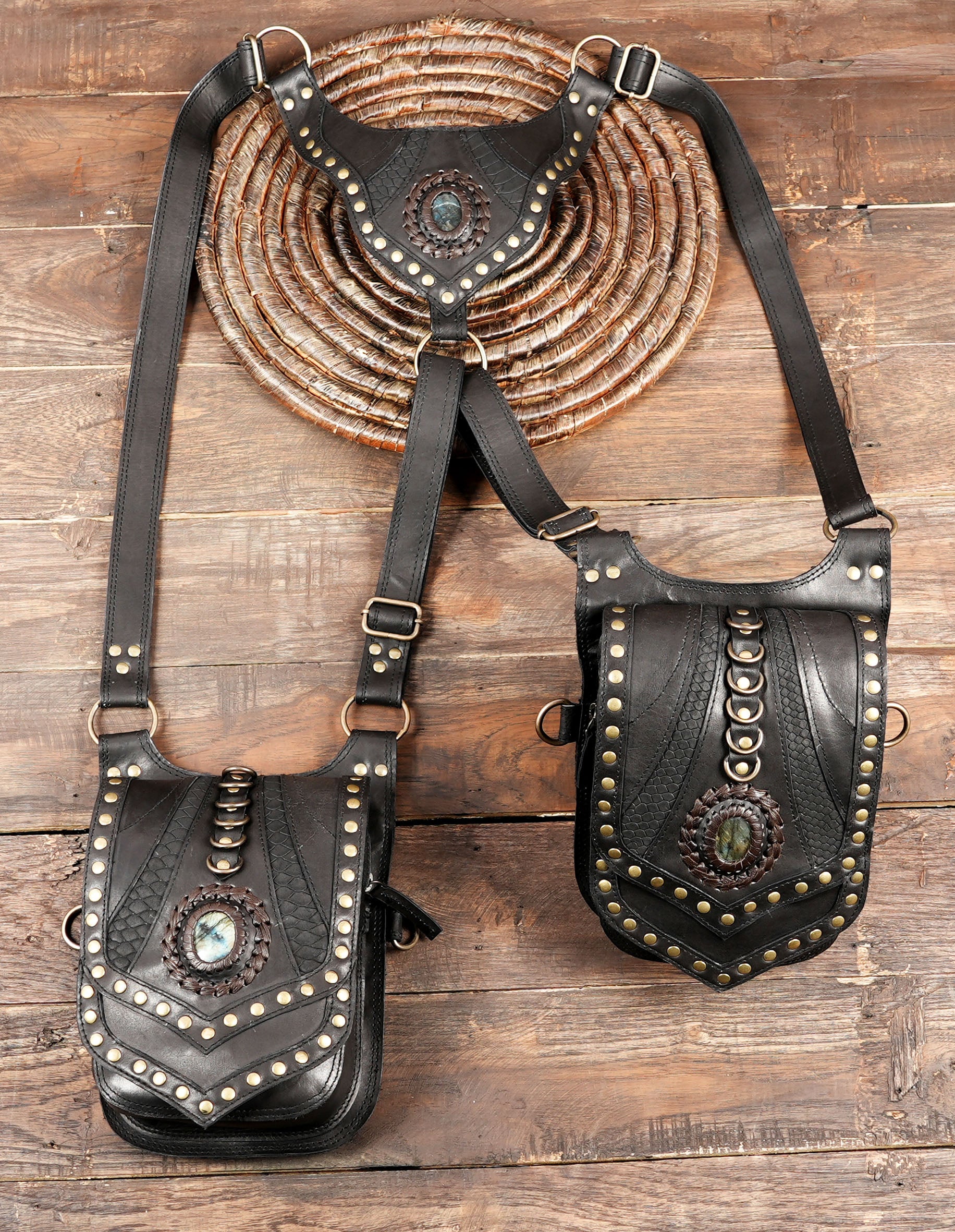 Genuine Leather Harness Belt with Blue Gemstone, Festival Style Beige Leather Holster with Gemstone Work, Boho Fashion Leather Holster with metal steel 