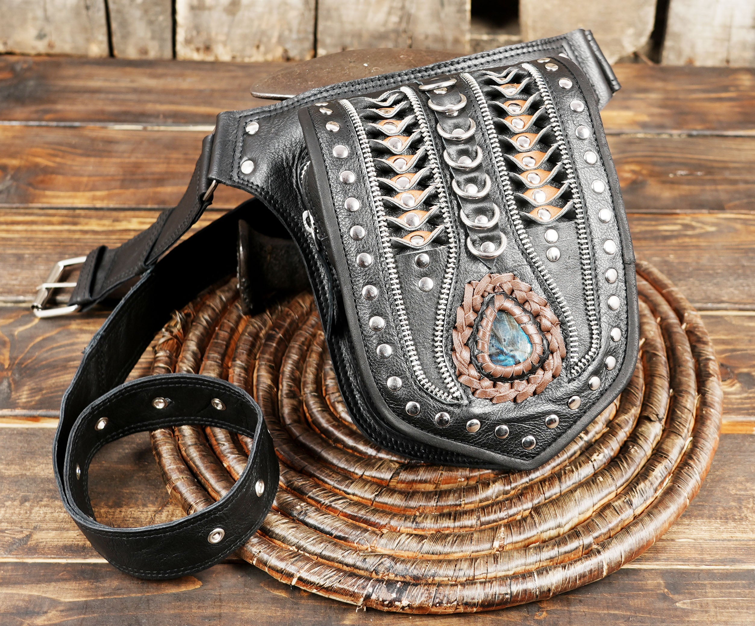 Artisan leather festival belt pouch with blue stone centerpiece