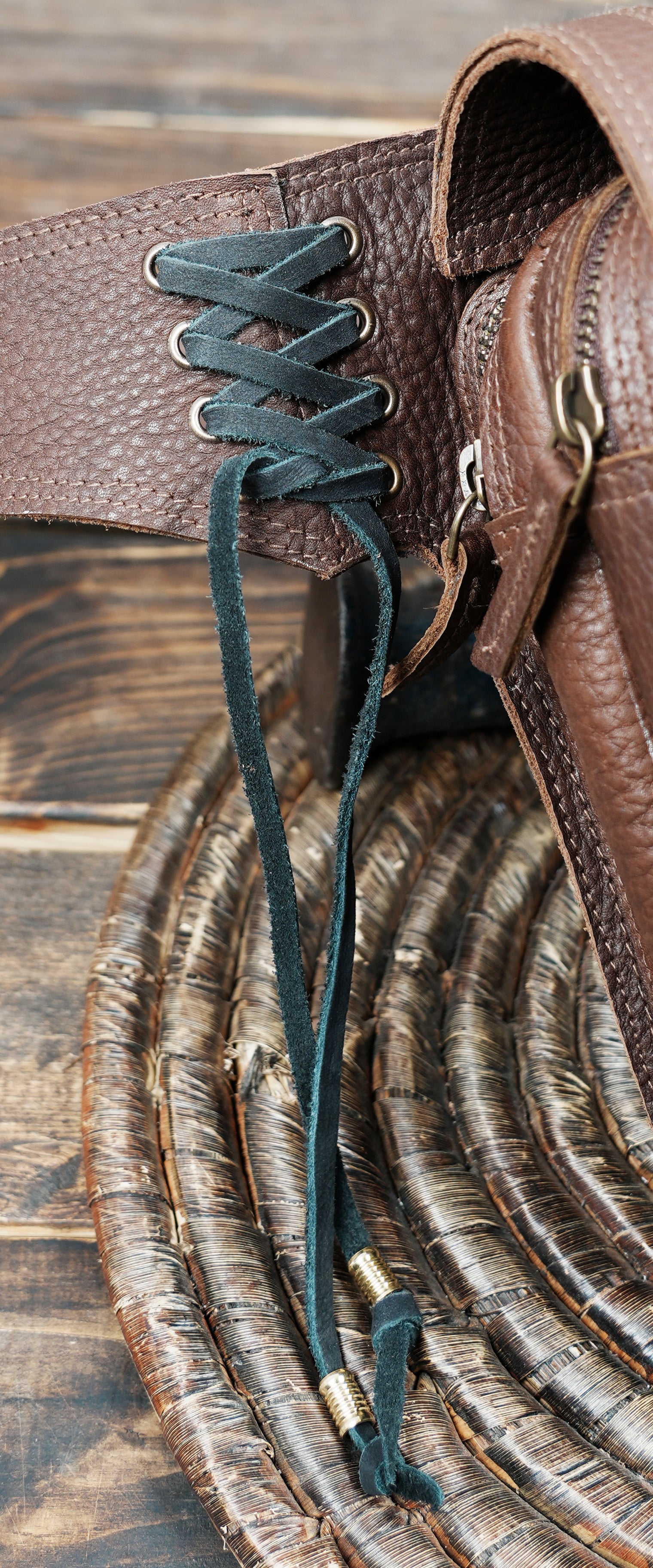 Viking or renaissance themed leather pouch belt with detailed craftsmanship