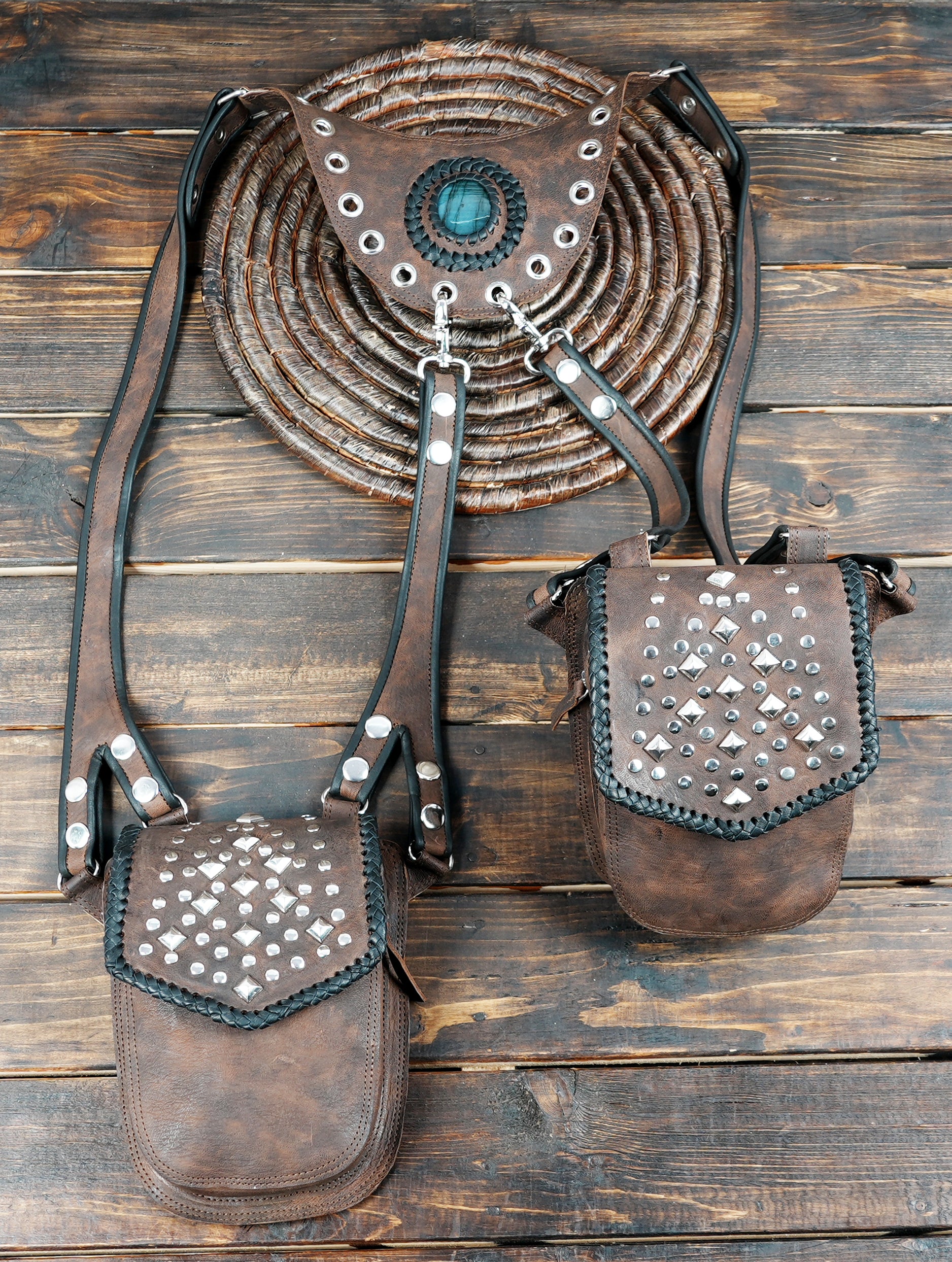 Handmade Black Leather Holster | Labradorite Gemstone Studded Harness | Dual Pocket Festival Belt | Gothic Leather Holster | Unisex Holster