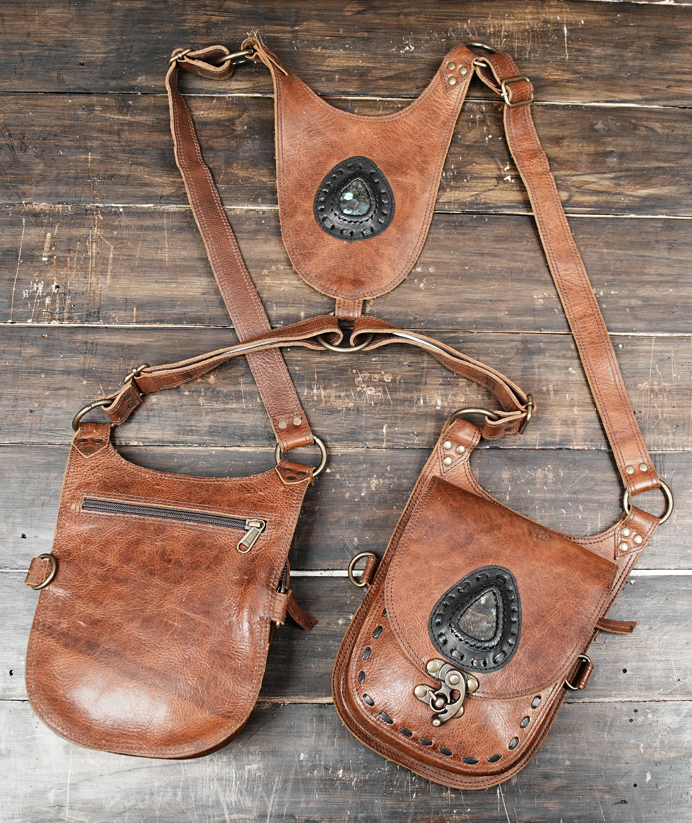 With Zipper Handmade Brown Leather Shoulder Holster Bag  with biker holster 