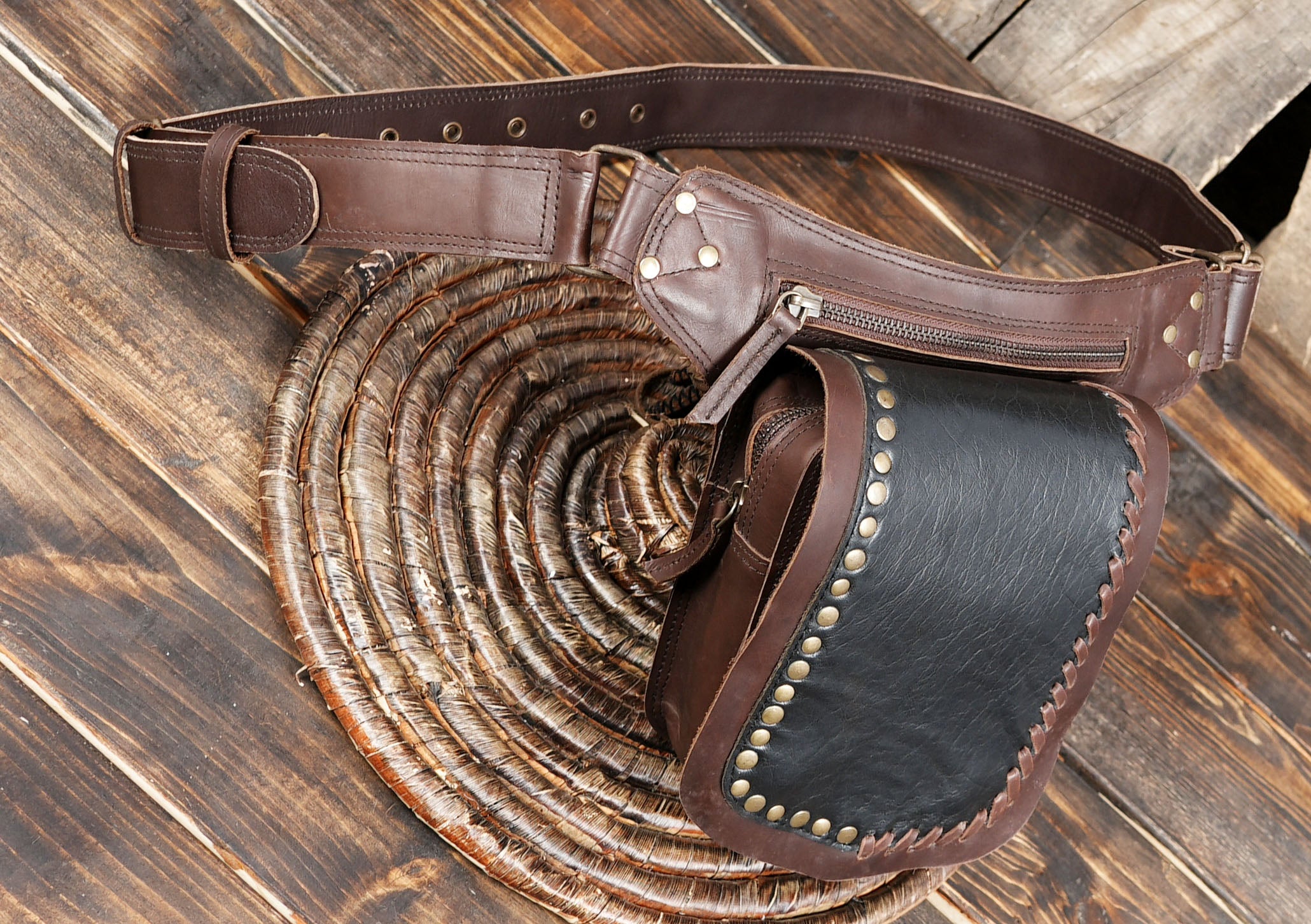 Leather Utility Belt: Festival Waist Pouch - Brown & Black
