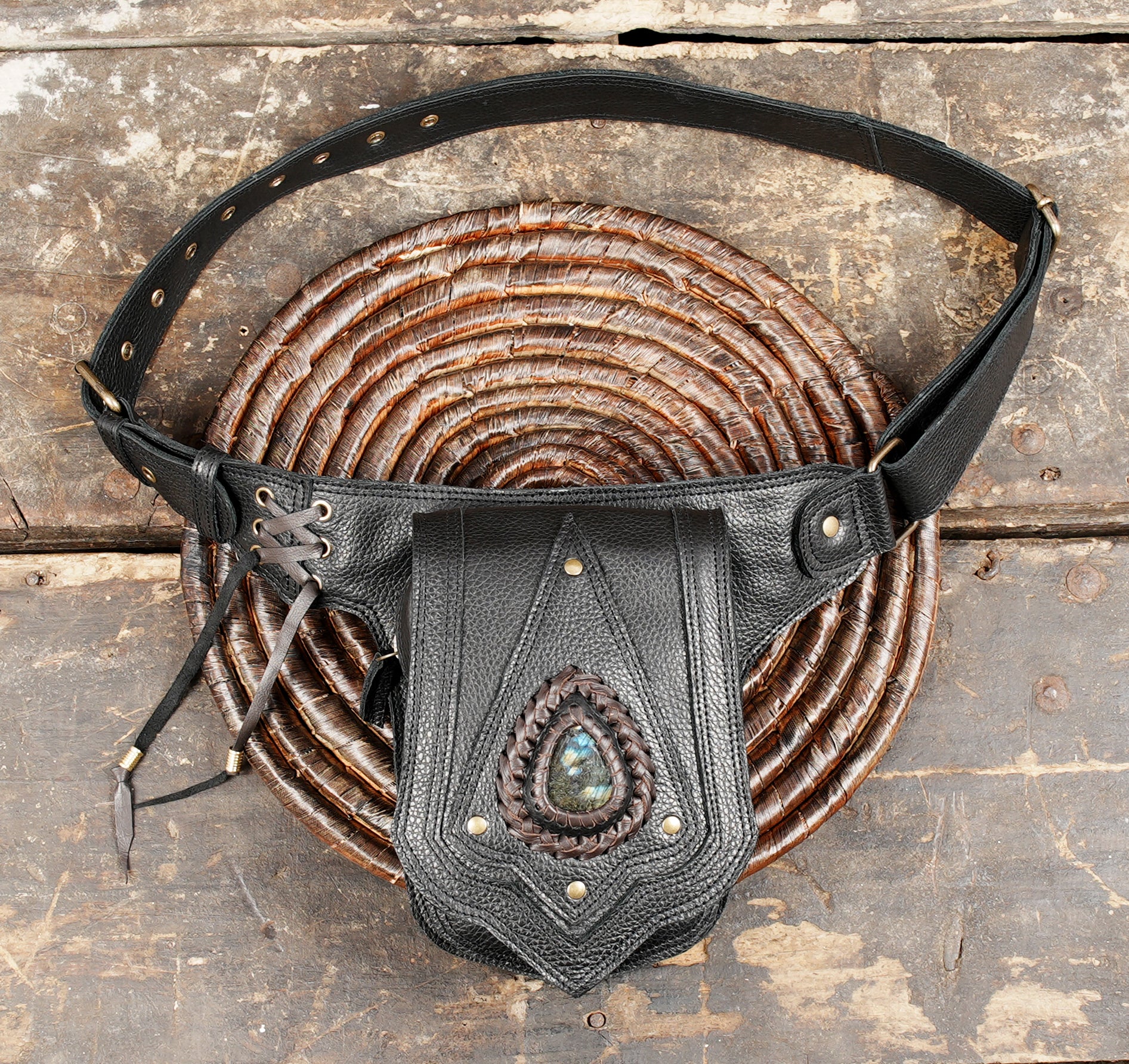Handmade Leather Belt Pouch with Labradorite Gemstone with metal fitting 