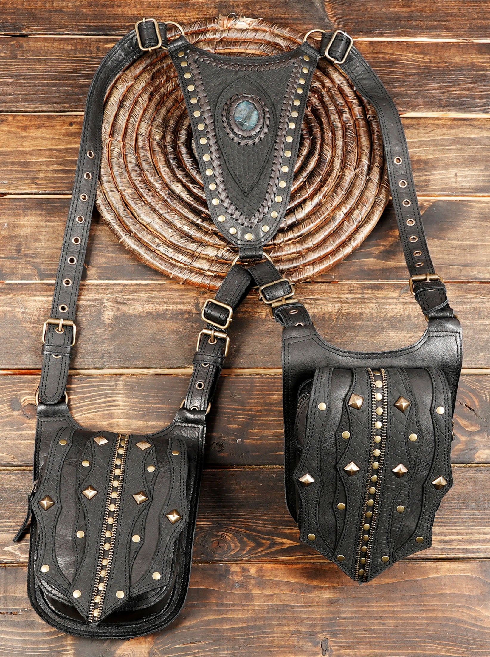 Festival-ready western holster harness bag with brass hardware