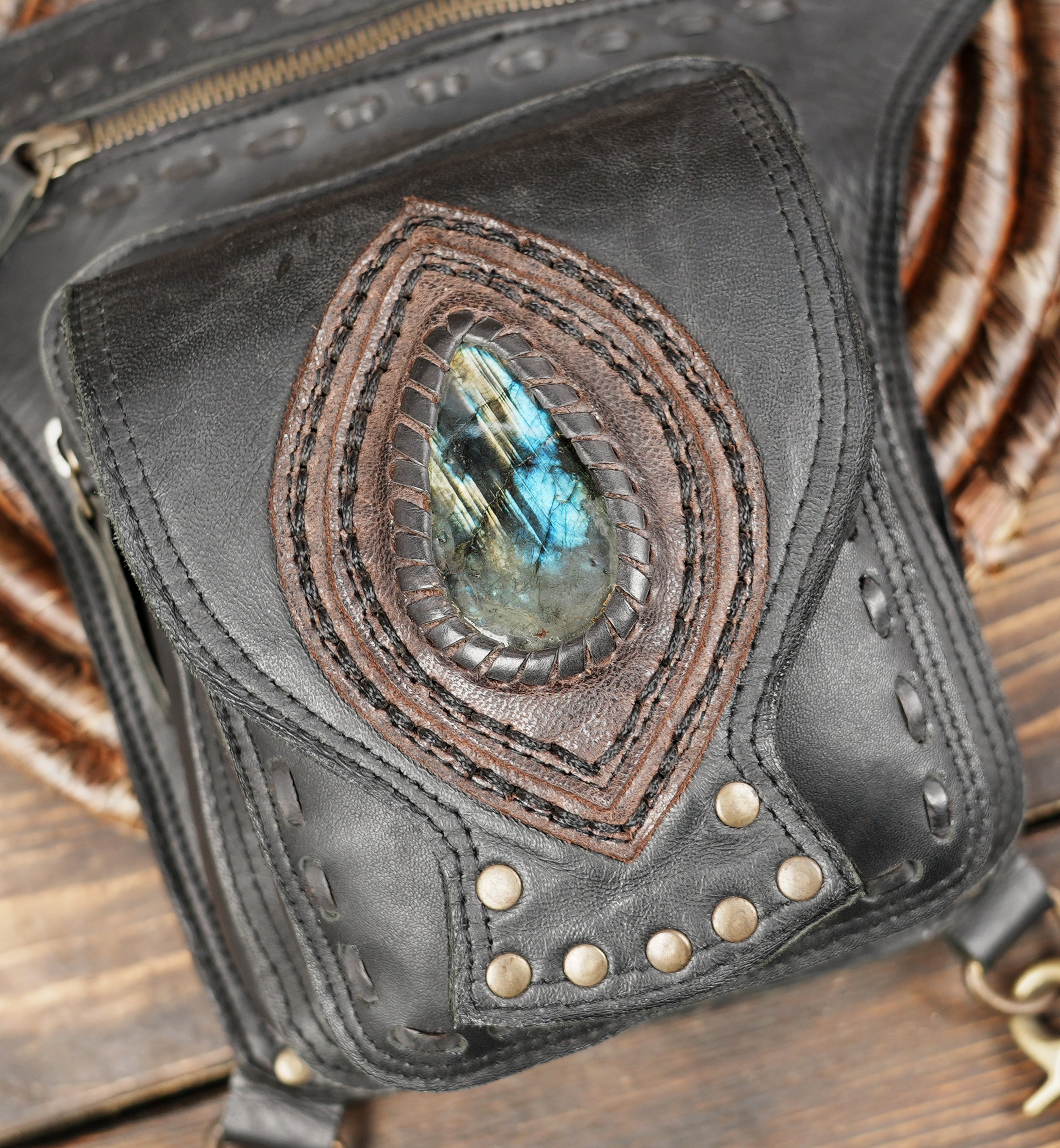 Artisan leather utility belt with gemstone accent and adjustable strap