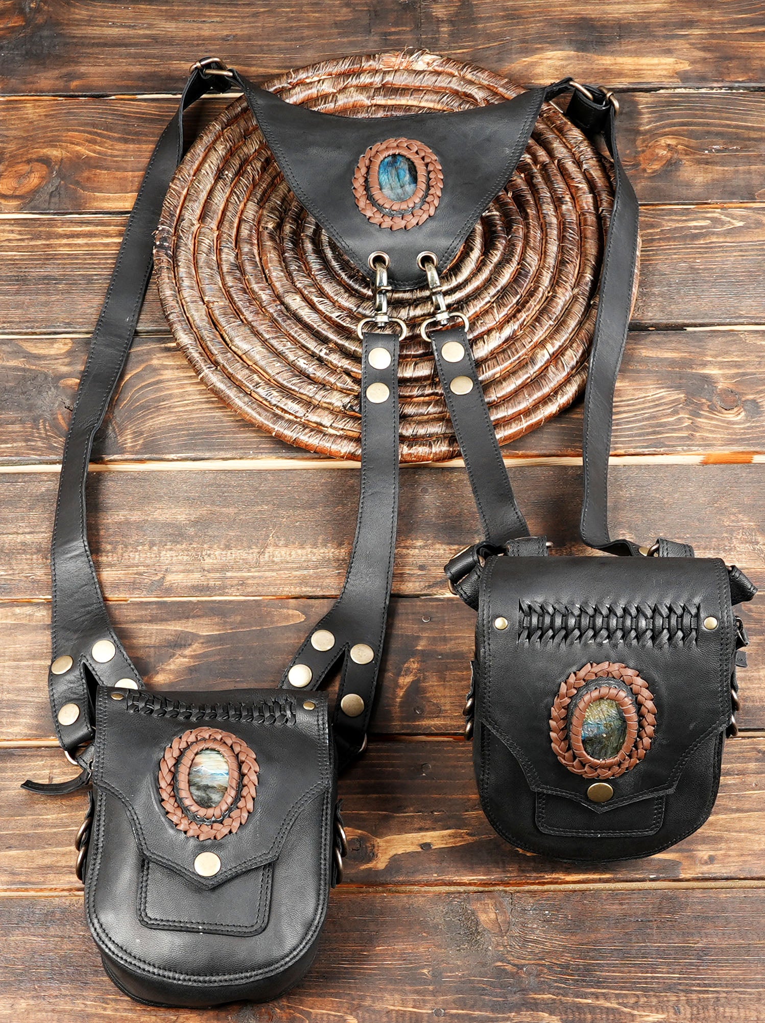 Black festival utility holster bag with gemstone decoration