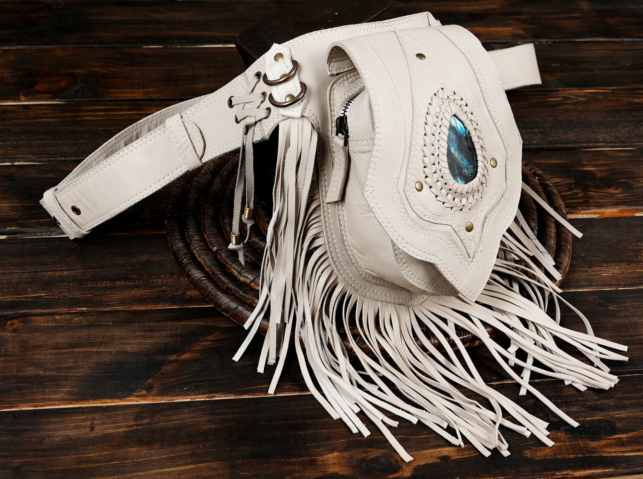 Handmade Black Leather Fringe Waist Bag: Labradorite Gemstone Belt Pouch