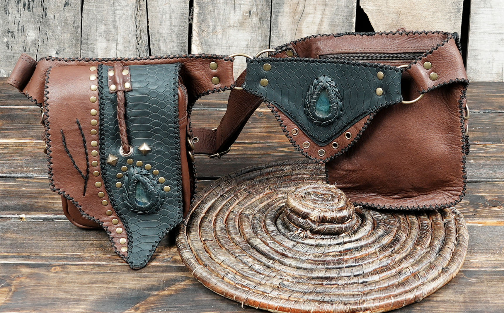 Leather Utility Belt: Leaf Design, Black & Caramel Brown, Festival Pocket Belt with zipper and stone 