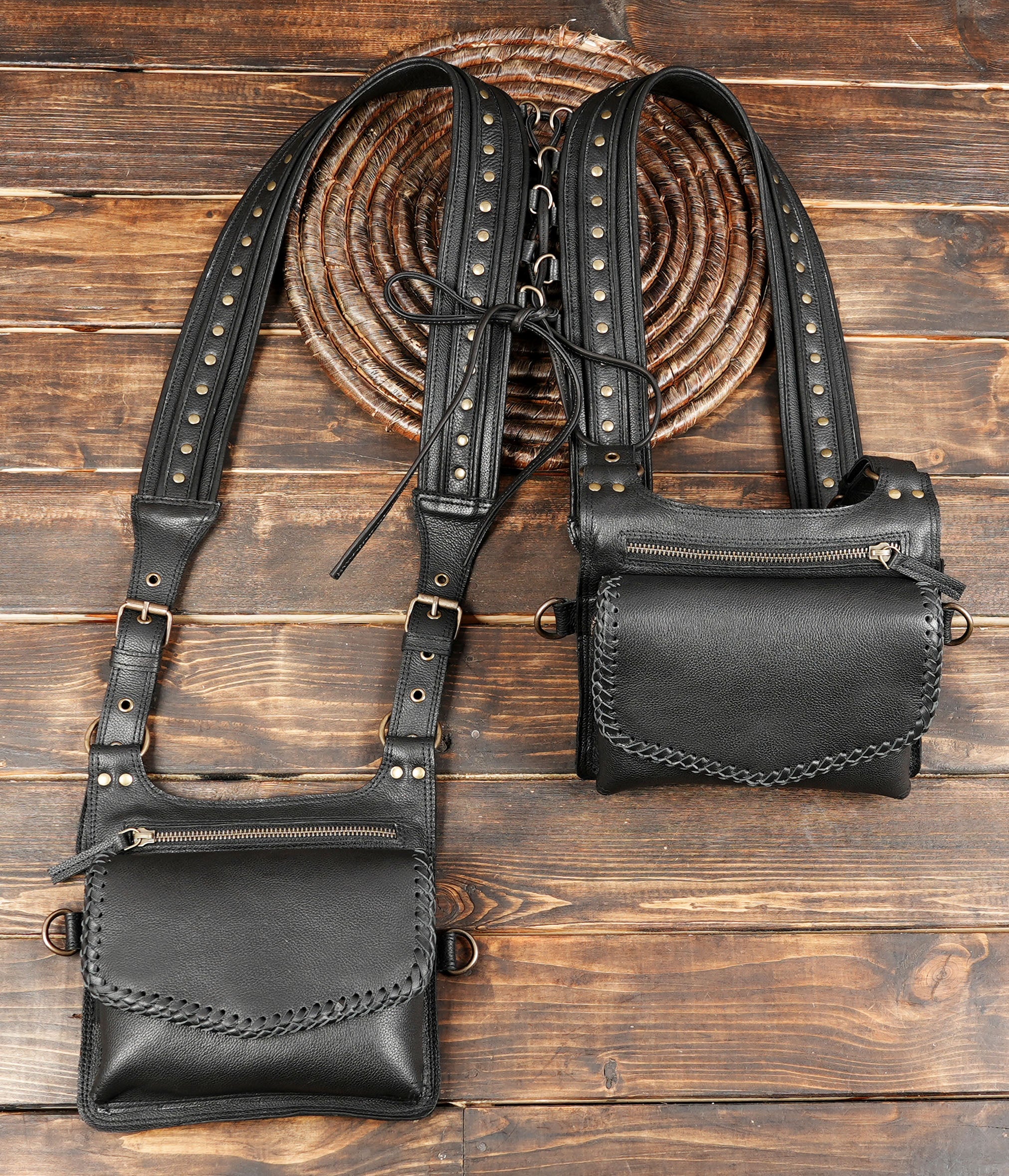 Black Leather Holster Bag - Burning man Shoulder Holster Bag for Festivals - Harness Vest Bag Double Holster with double pocket with zipper