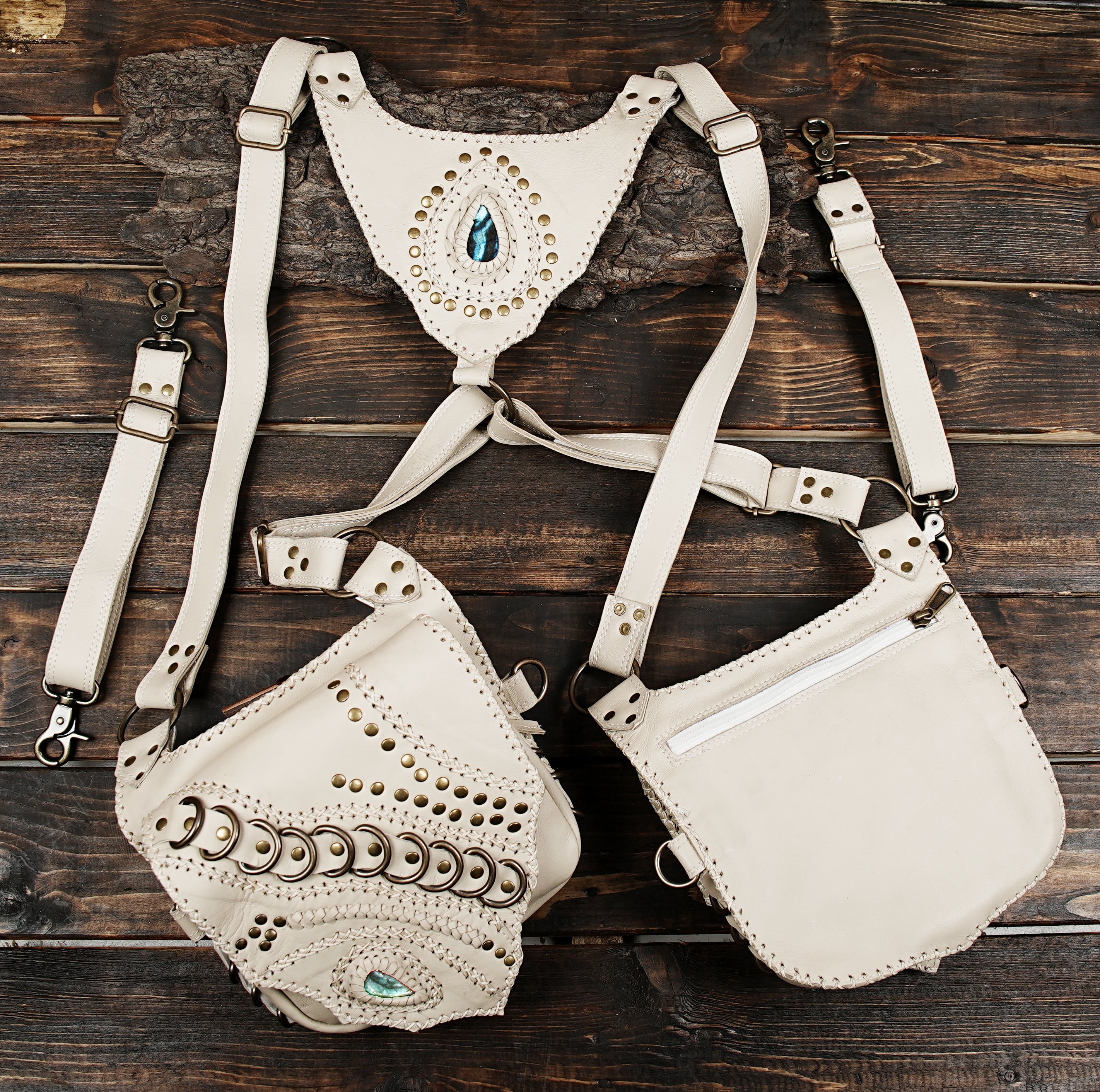 White leather festival harness bag with gemstone embellishment
