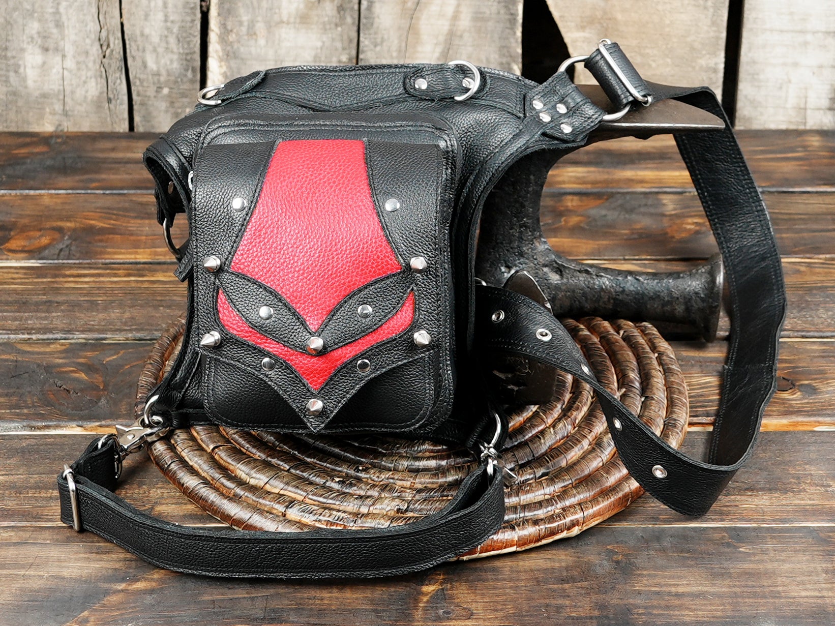 Leather crossbody thigh pouch styled with alternative fashion