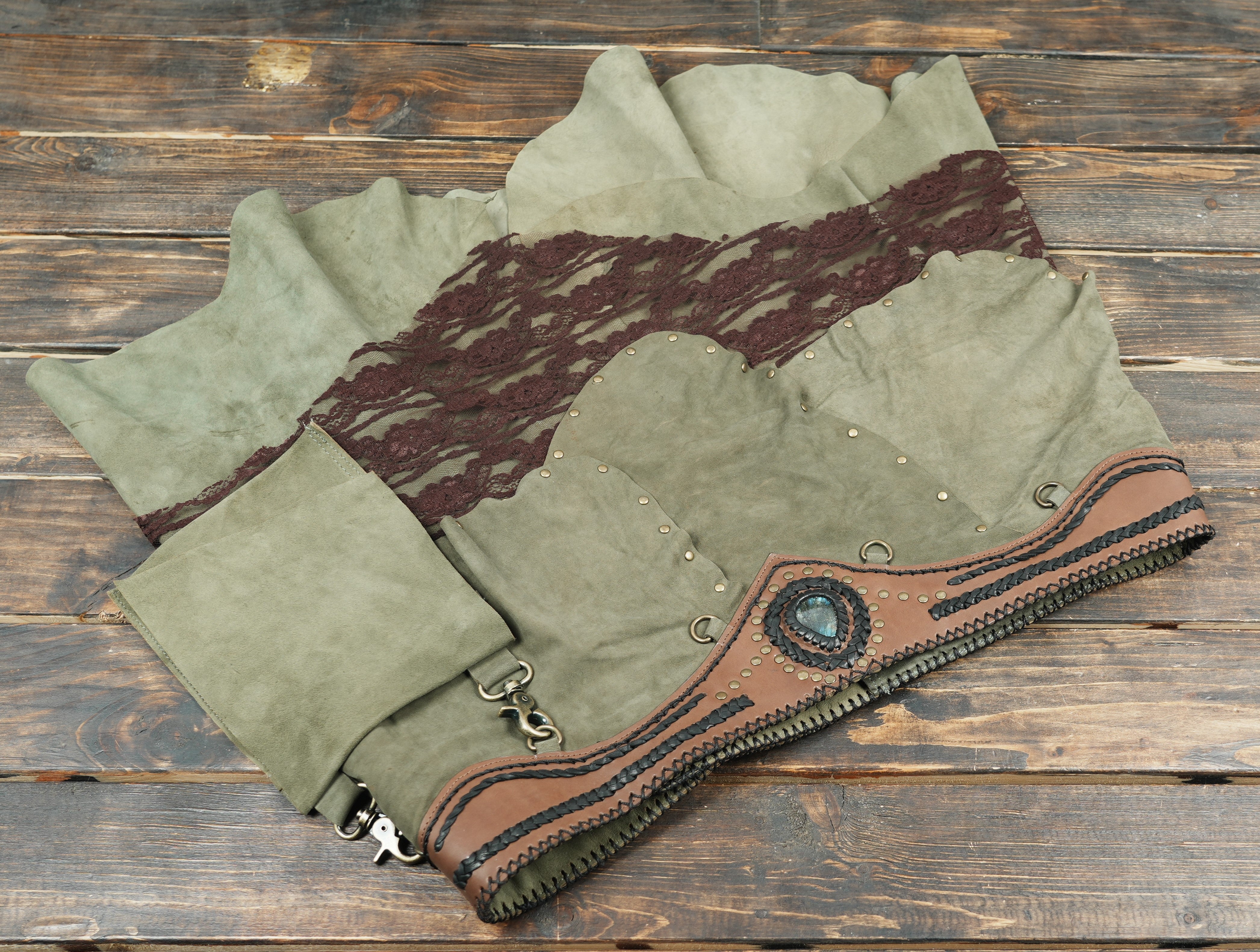 Rustic green leather skirt with handcrafted design