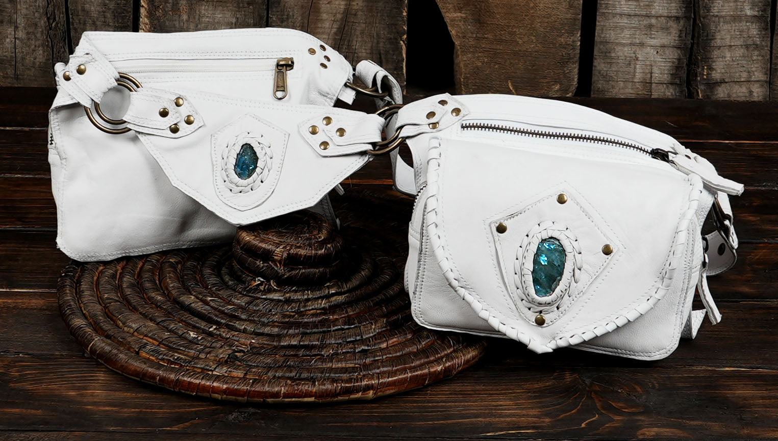 Boho festival leather waist bag with gemstone embellishment and studs.
