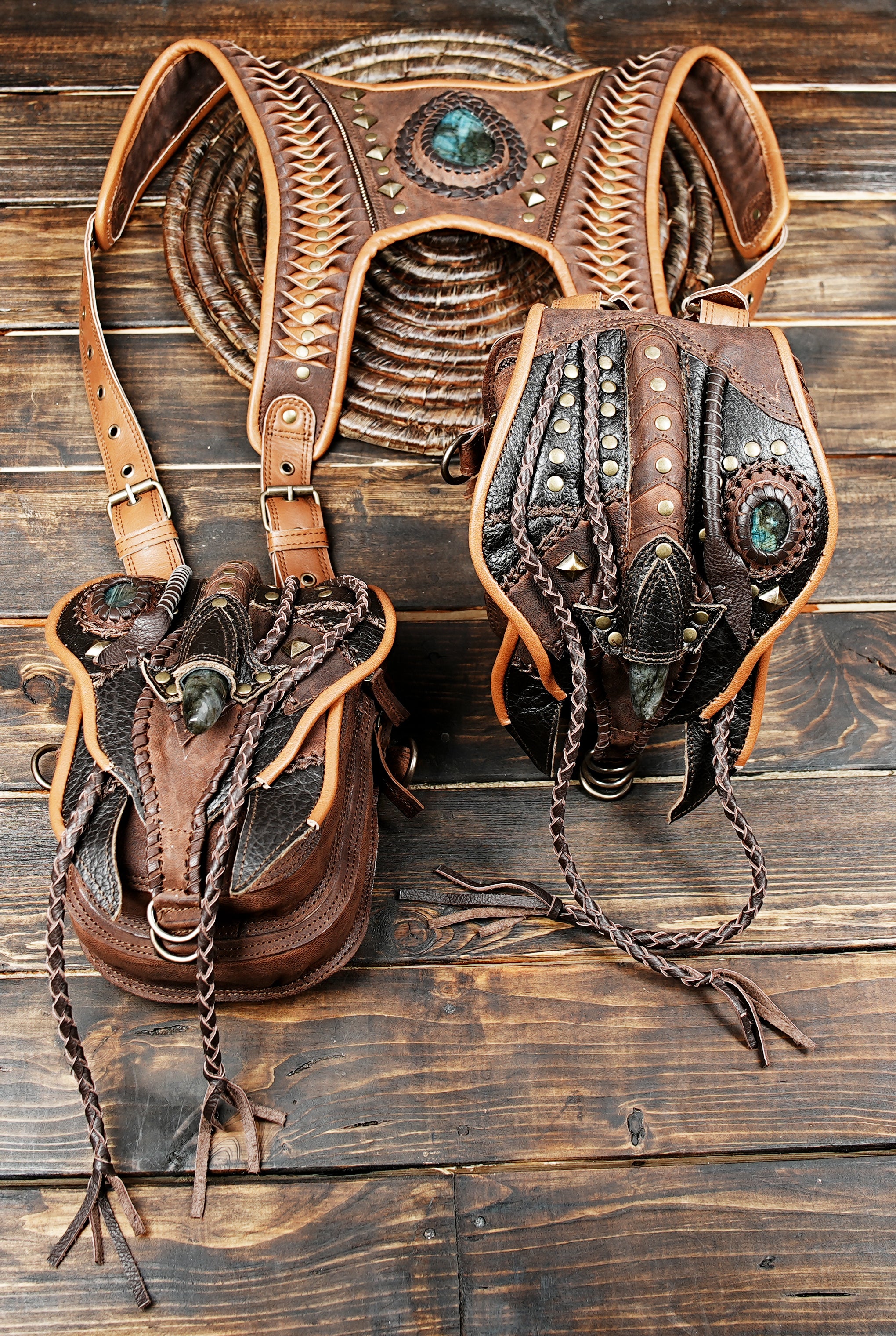 Handmade Leather Holster Belt with Dual Utility Pouches, Steampunk Festival Leather Harness Belt with Gemstone Design, Burning Man Holster