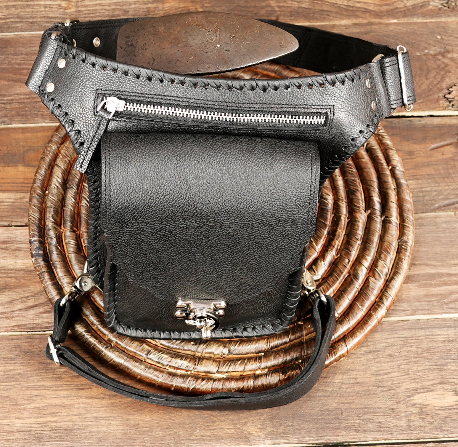Artisan black leather utility pouch with silver hardware  and zipper creativity 