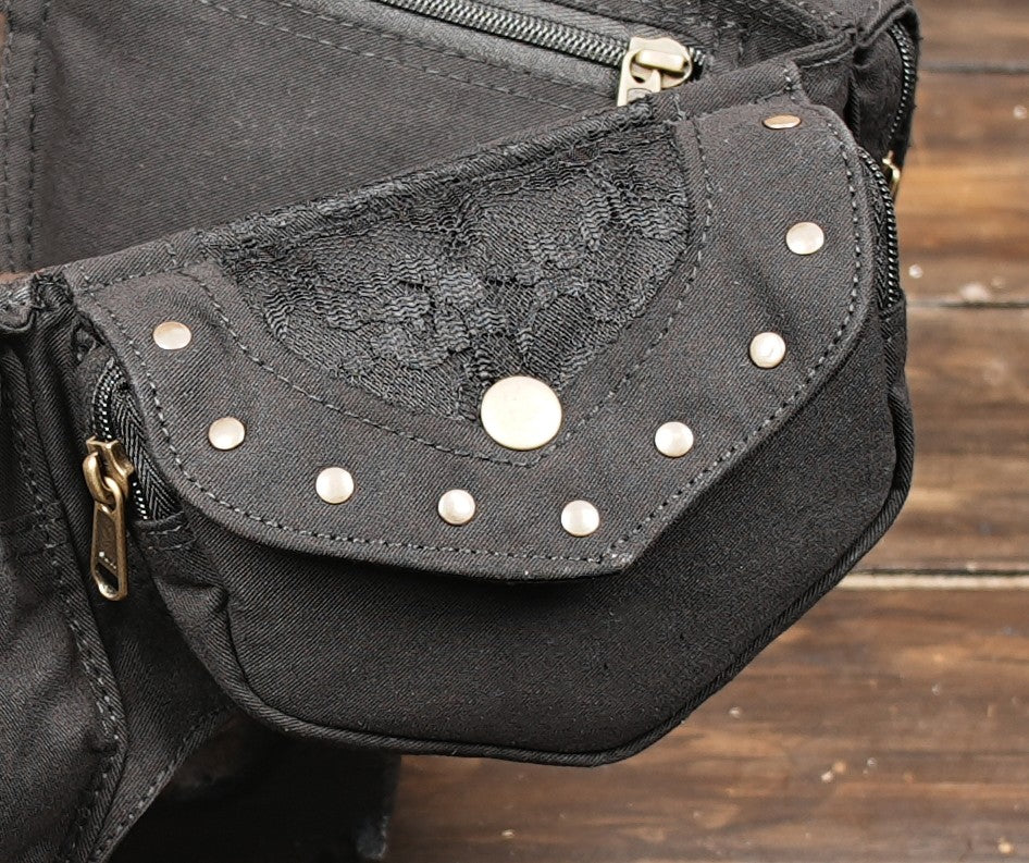Lace detail gothic waist bag close-up