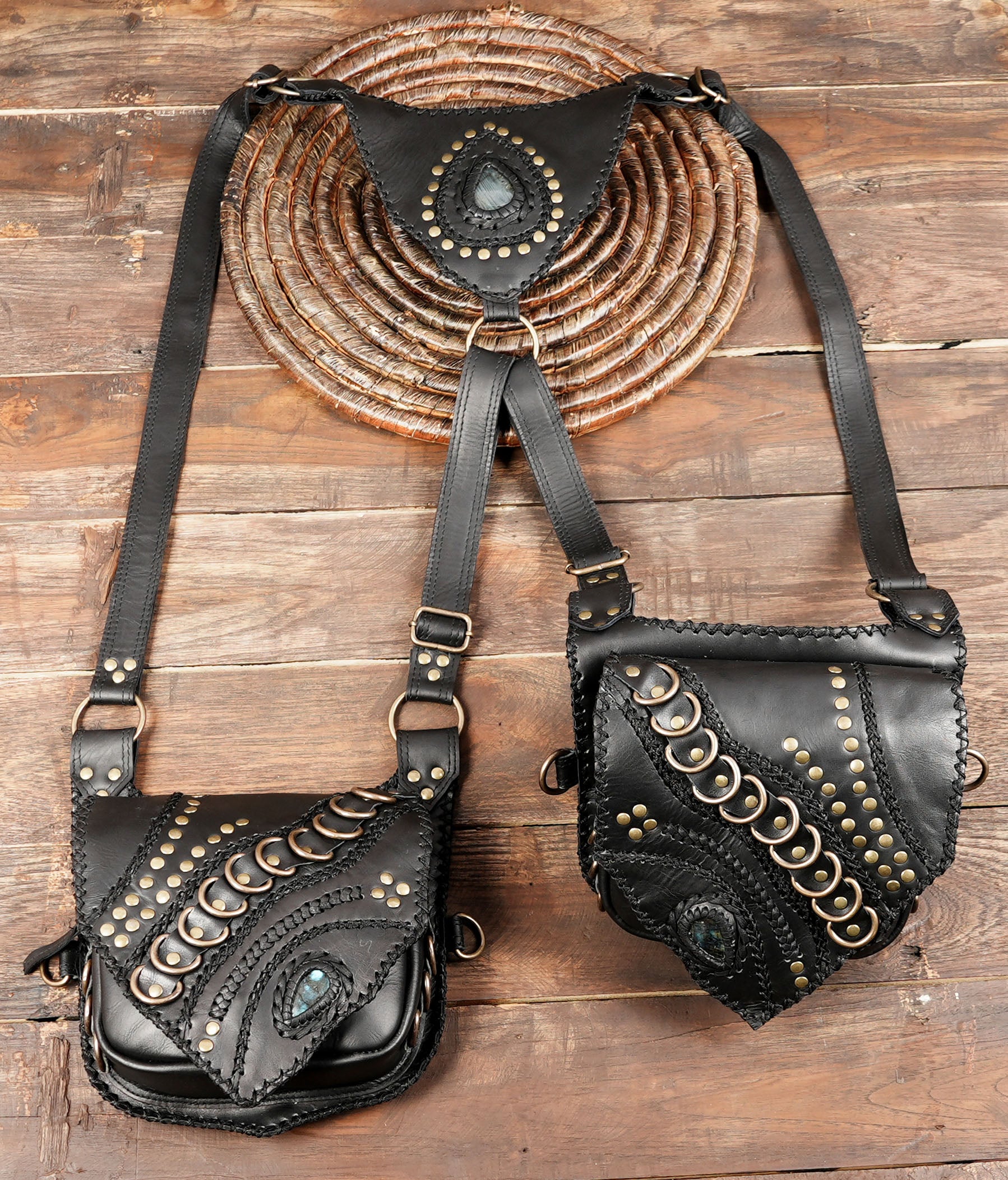 Handcrafted gemstone leather holster with brass details