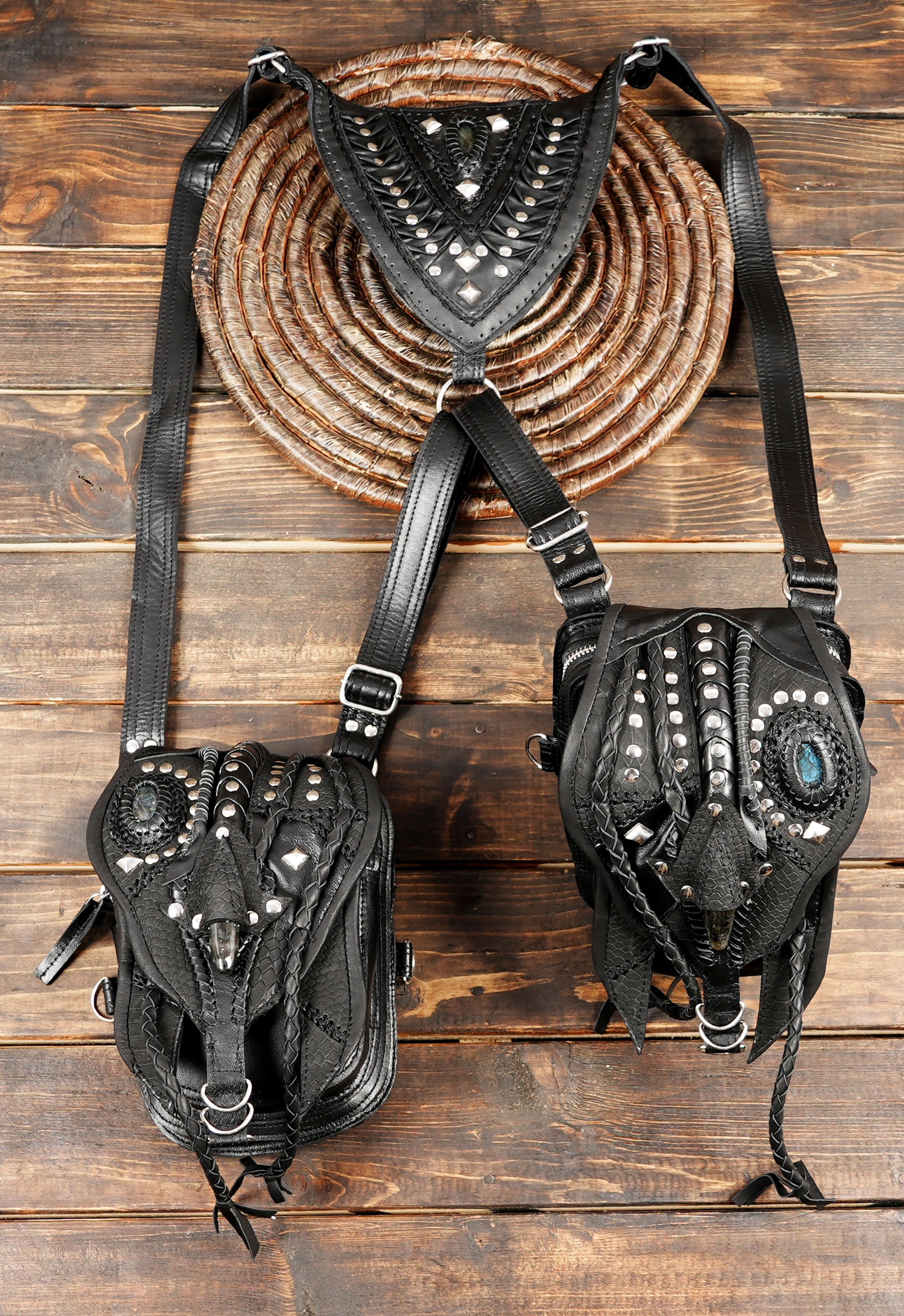 HOLSTER LEATHER BAG // Double leather pouch //handmade // unisex//adjustable// detachable pockets//holster harness WITH UNIQUE STYLE 