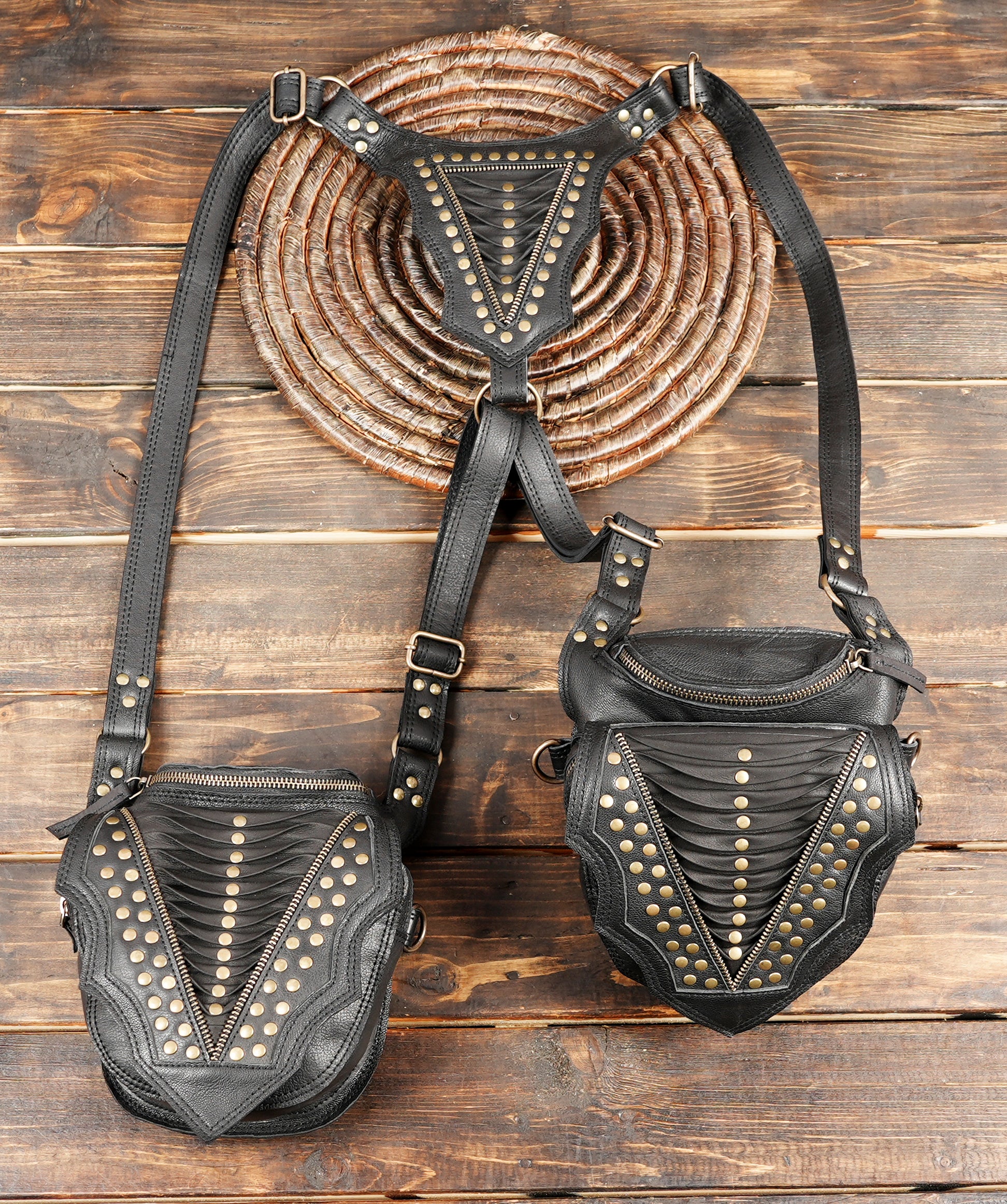 “Dual pocket leather holster with layered textures and rugged brass accents”