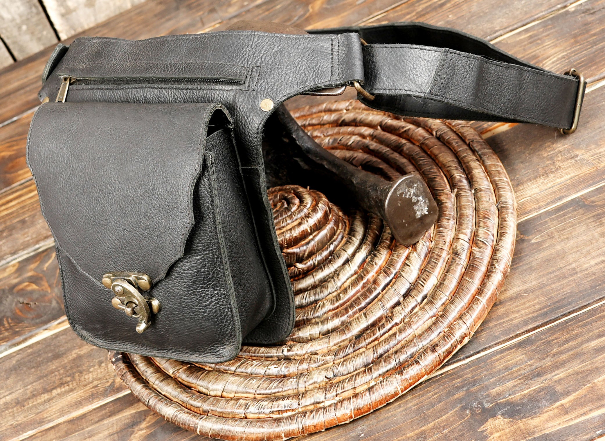 Artisan-crafted black belt bag for men and women, made from genuine leather
