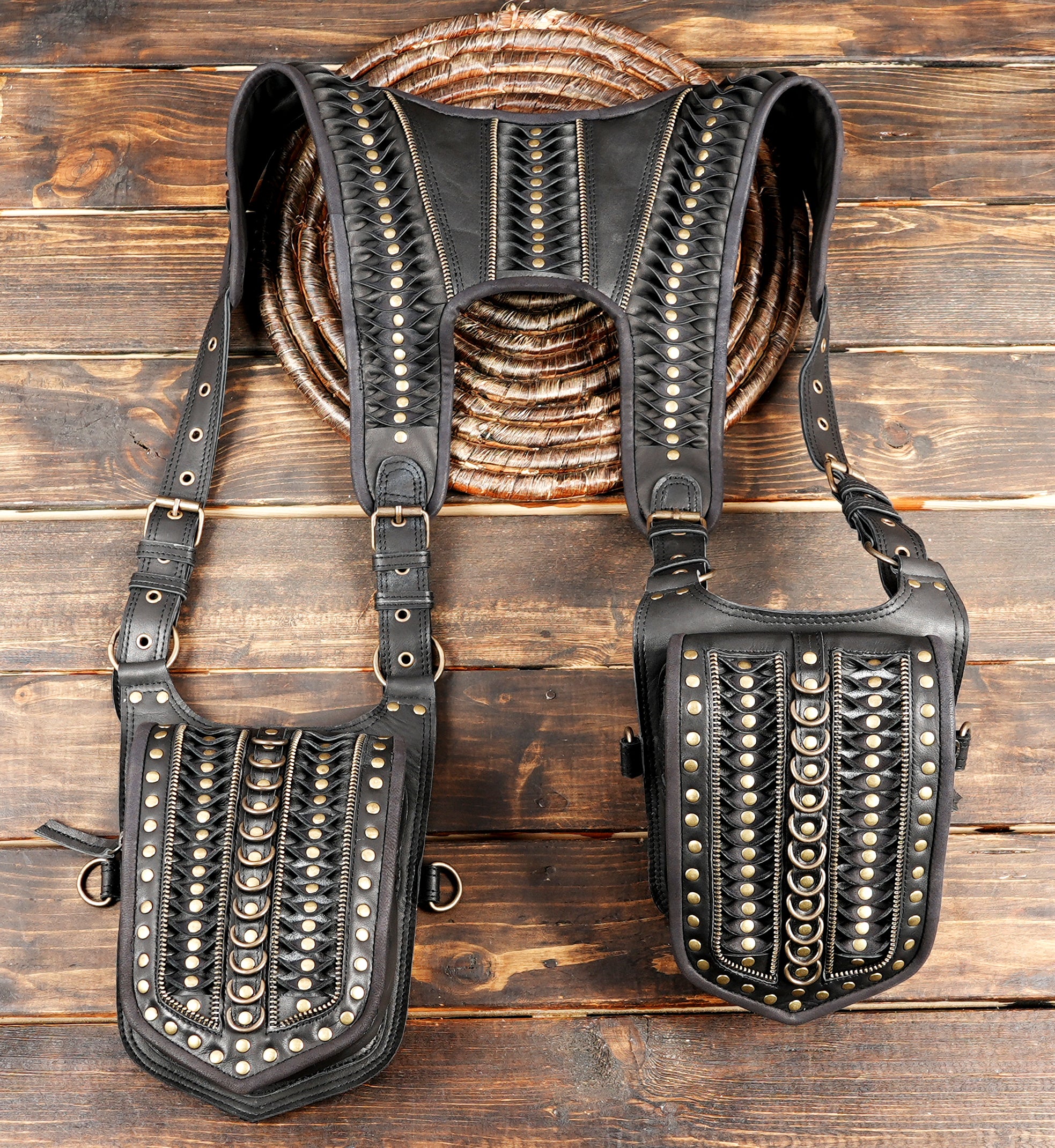 Leather Harness Chest Rig with Utility Pouches with metal usases 