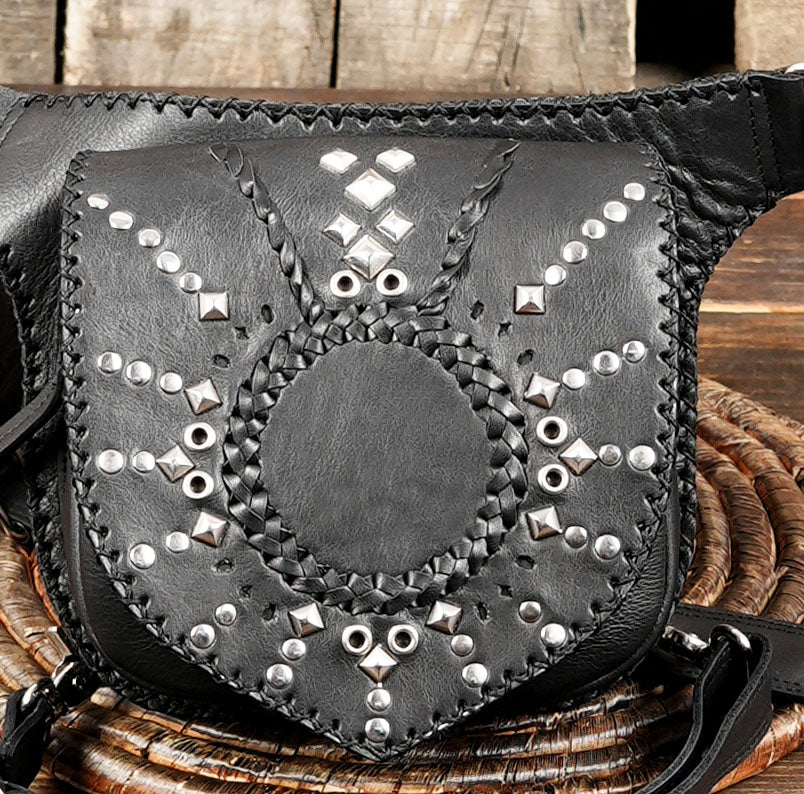 Detailed shot of silver-studded black leather leg bag