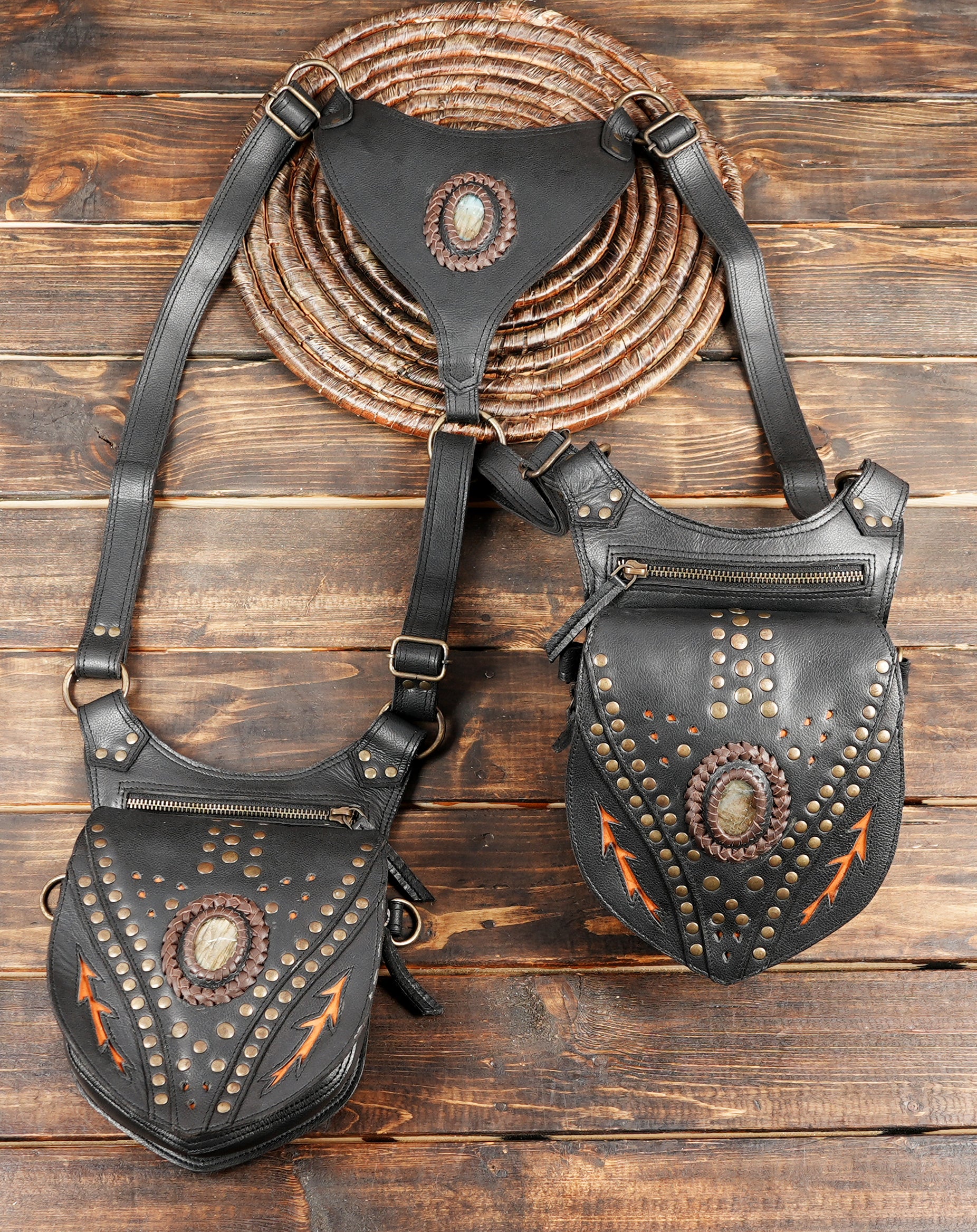 Handmade Black Leather Stylish Holster Belt Bag Festival Fanny Pack Leather Waist Bag Utility Belt Pouch with front zipper pocket