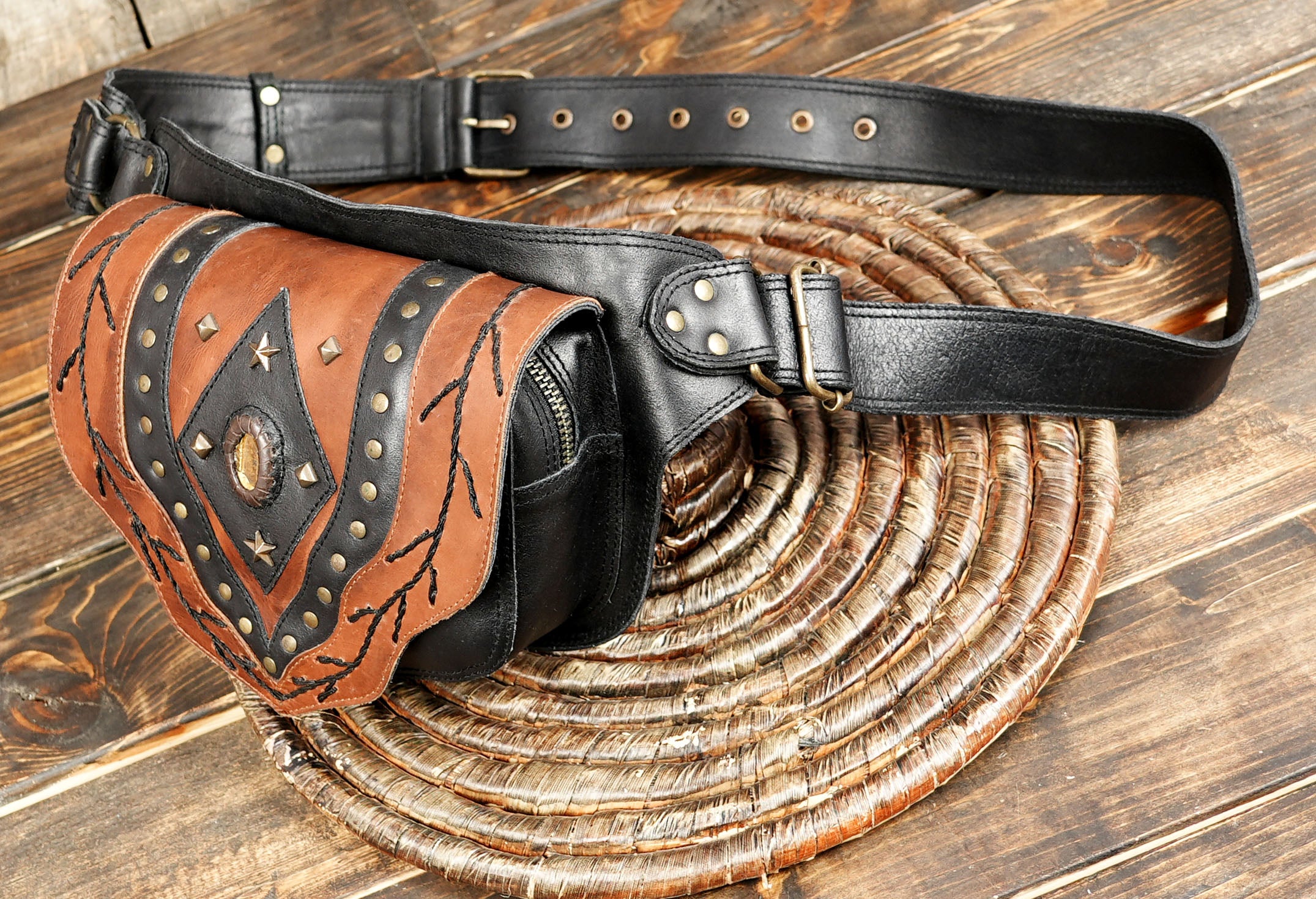Bohemian leather hip pouch with artisan design