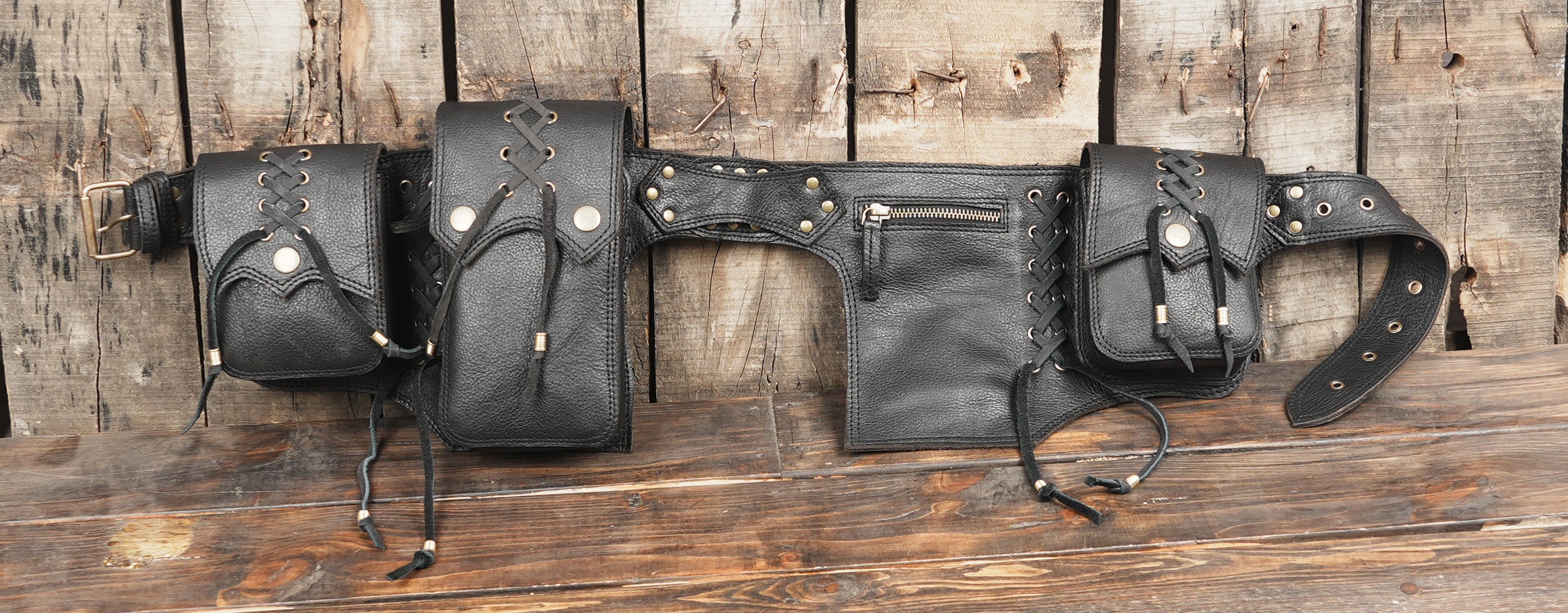 Artisan black leather pouch belt for accessories