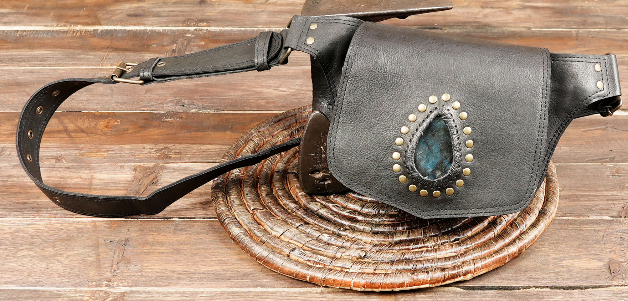 Artisan handmade leather holster with gemstone detail