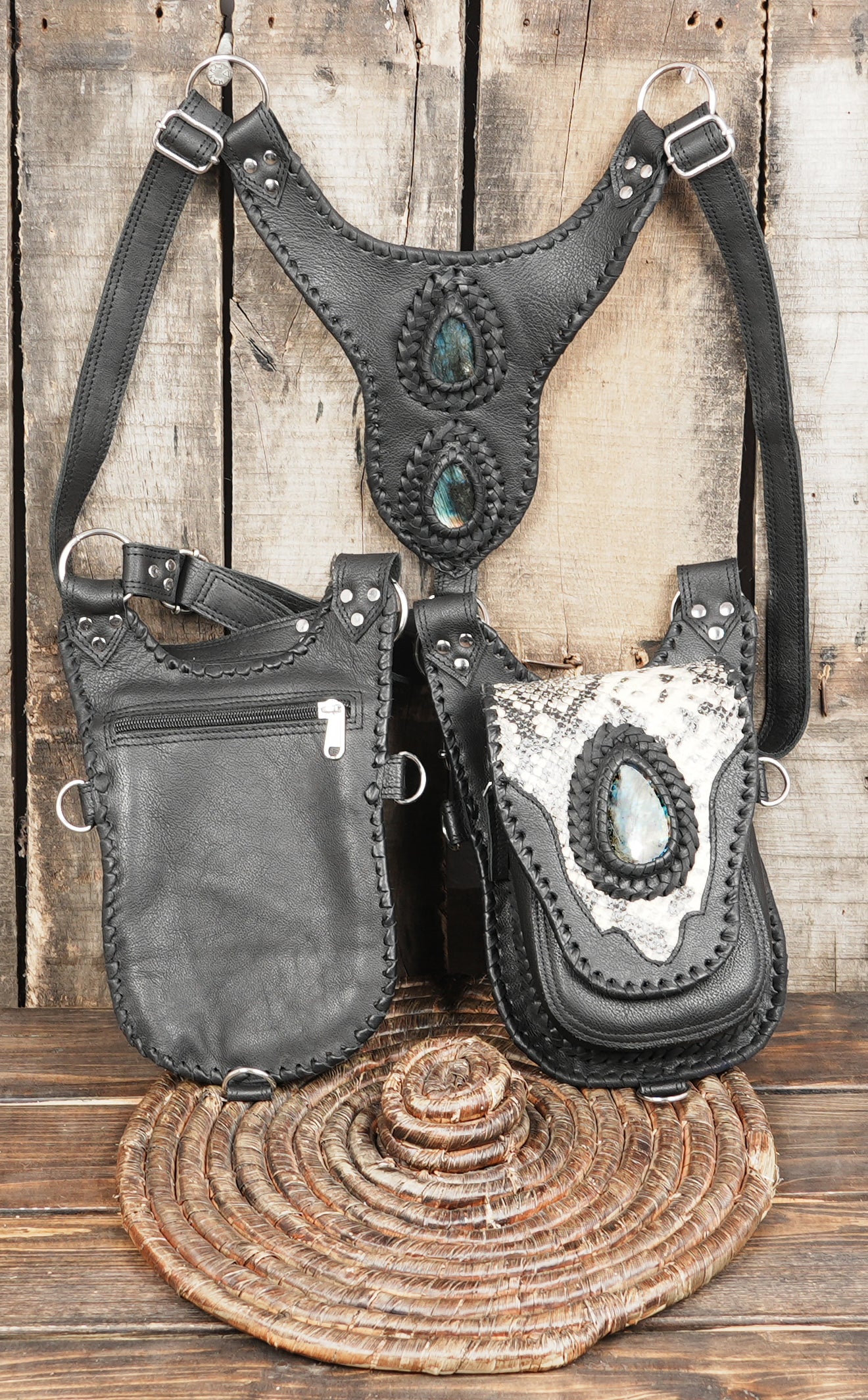 Premium cosplay leather harness with handcrafted snakeskin pattern