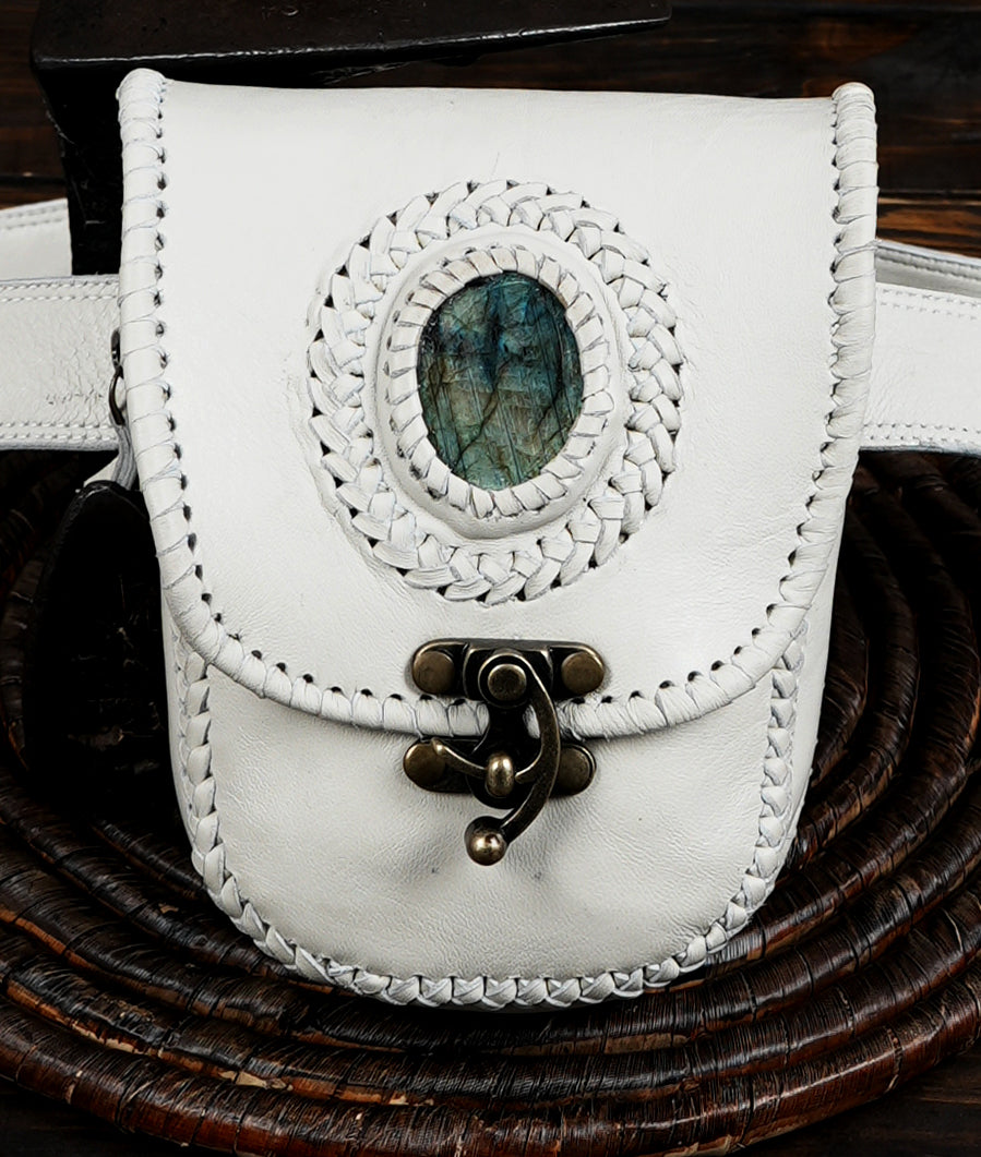 off white Vintage Style Leather Fanny Pack, Handcrafted Leather Hip Bag with Gemstone Accent metal lock 