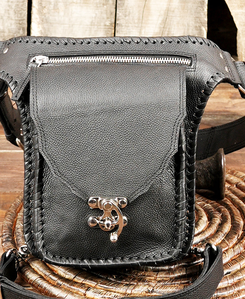 Utility Leather Thigh Belt, Motorcycle Thigh Holster, Biker Hip Bag with metal lock 