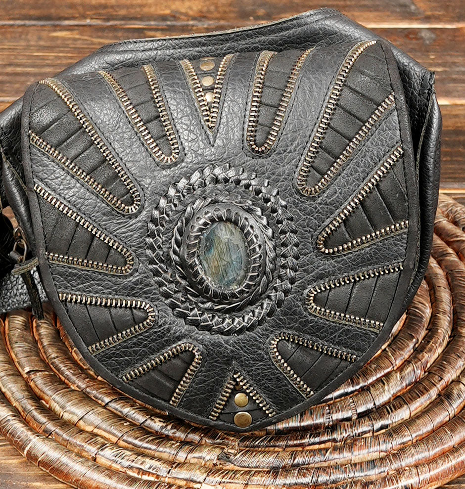 Western boho leather belt purse with gemstone and handwoven details